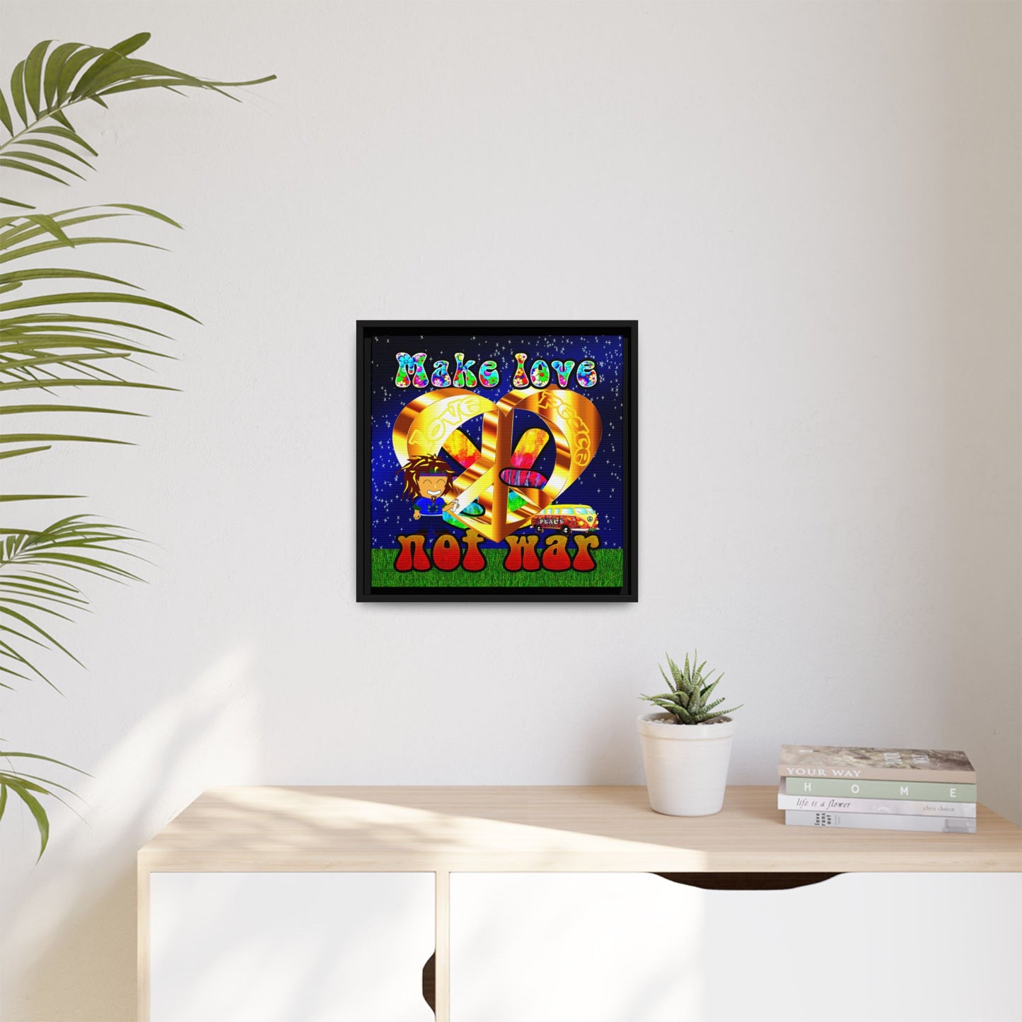 love peace - framed canvas art ('snoops' background)