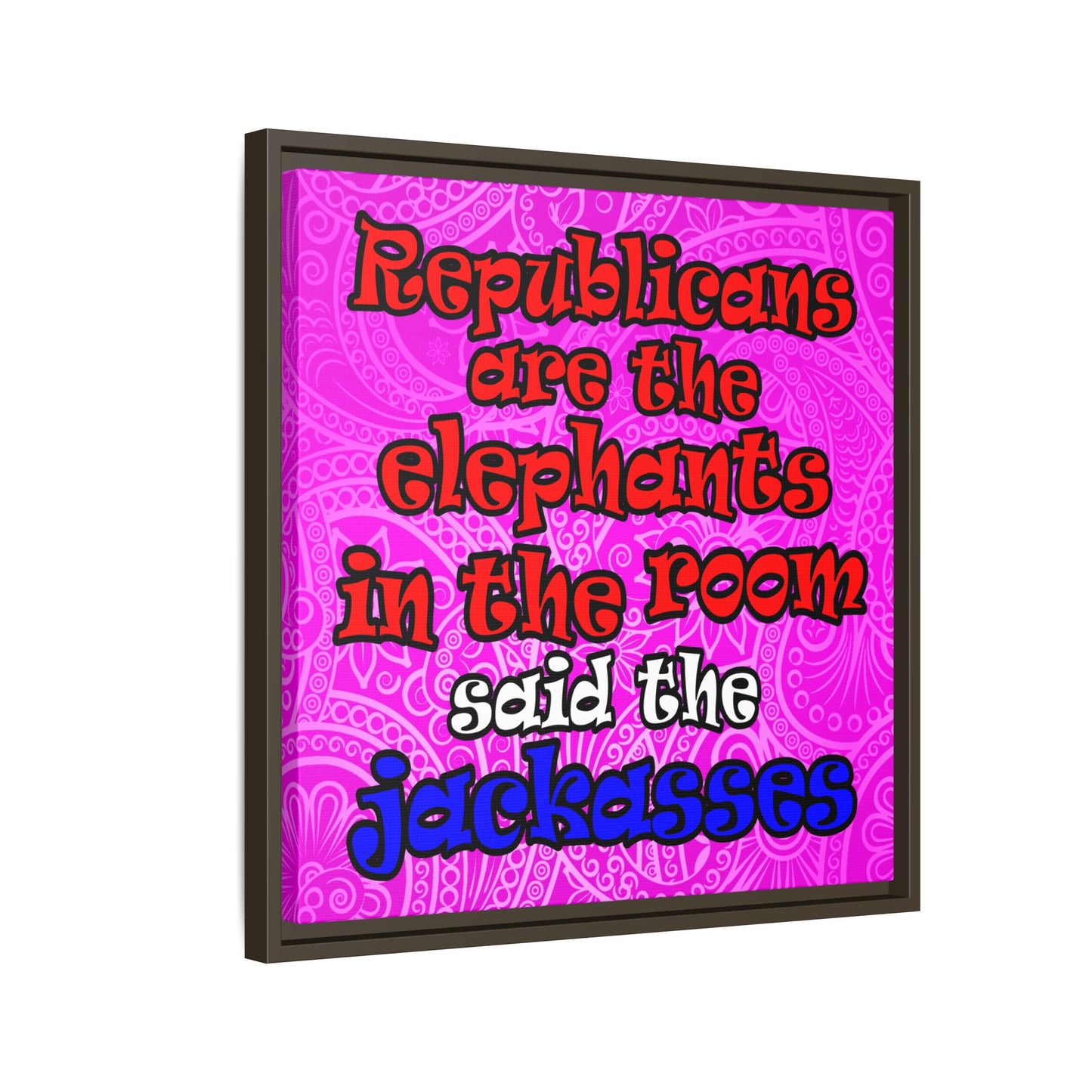 donkeys and elephants - framed canvas art (pink swirl)