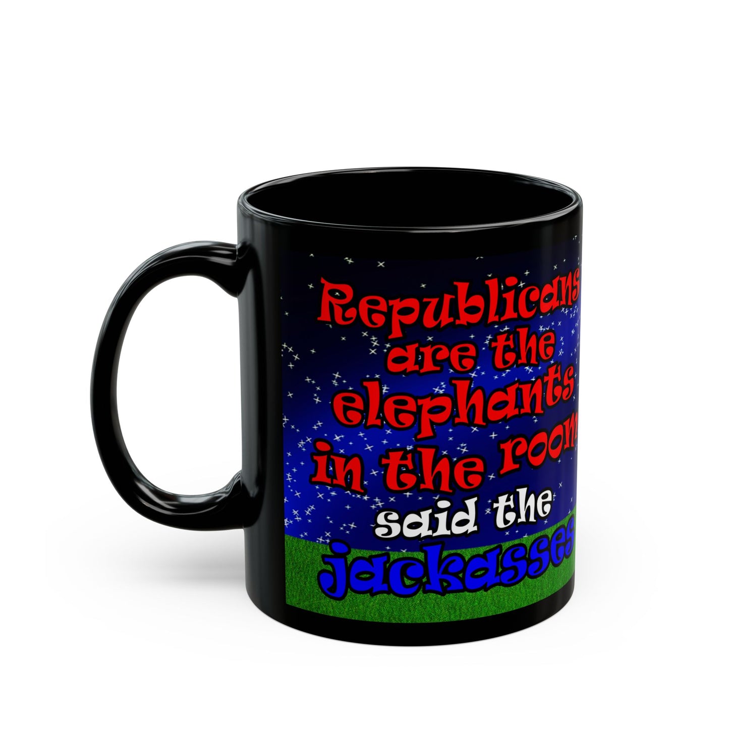 donkeys and elephants - Black Mug ('snoops' background)