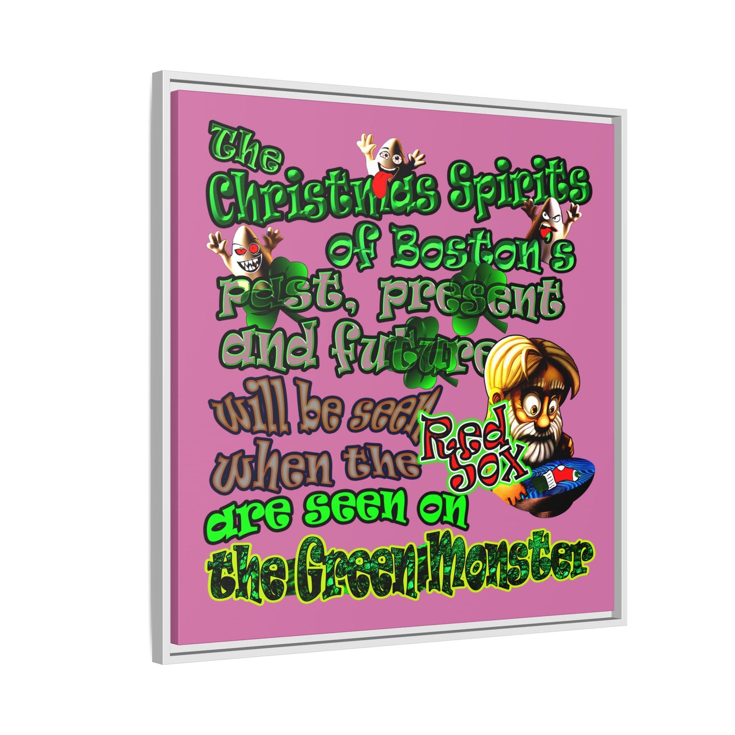 christmas spirits of boston - framed canvas art (light pink)