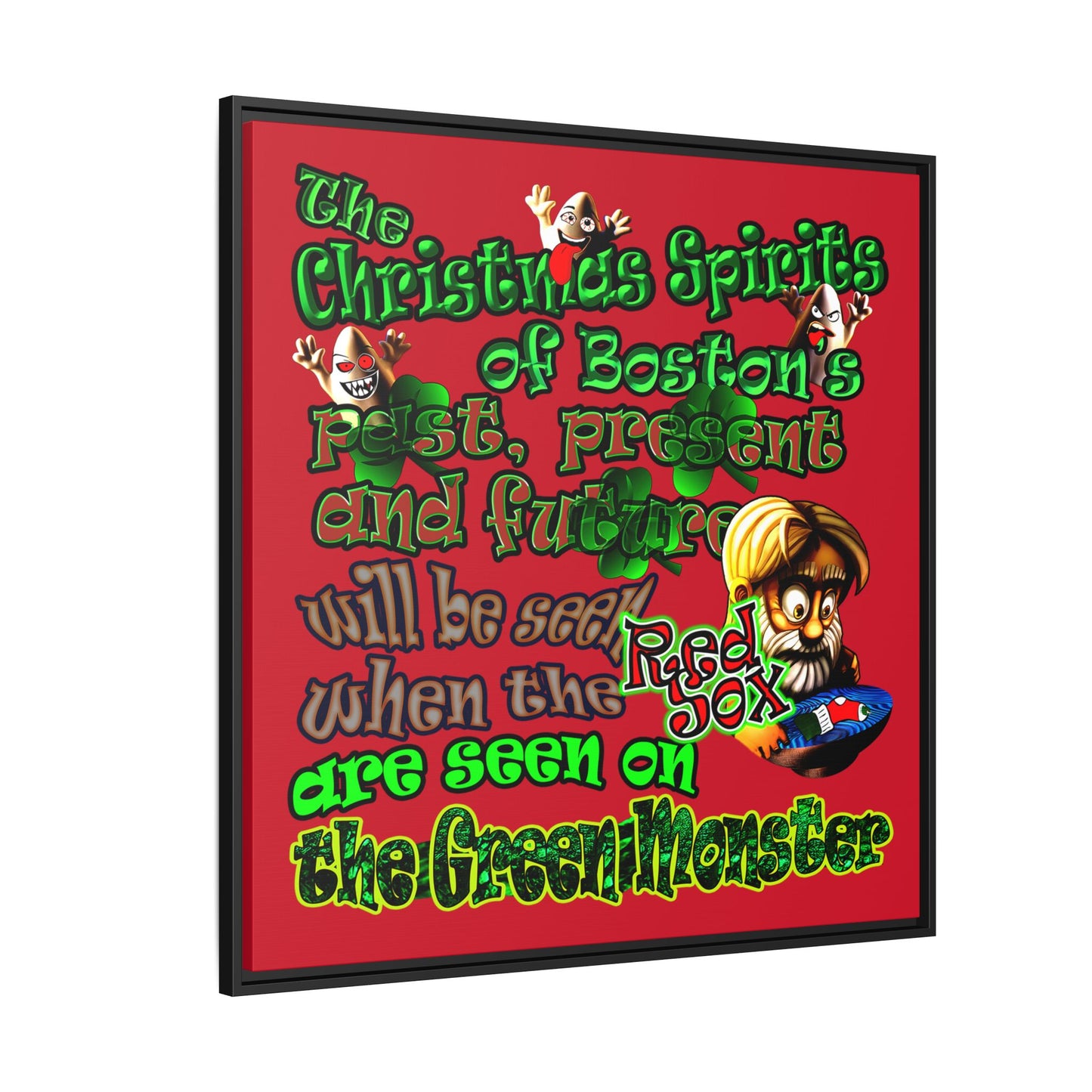 christmas spirits of boston - framed canvas art (dark red)