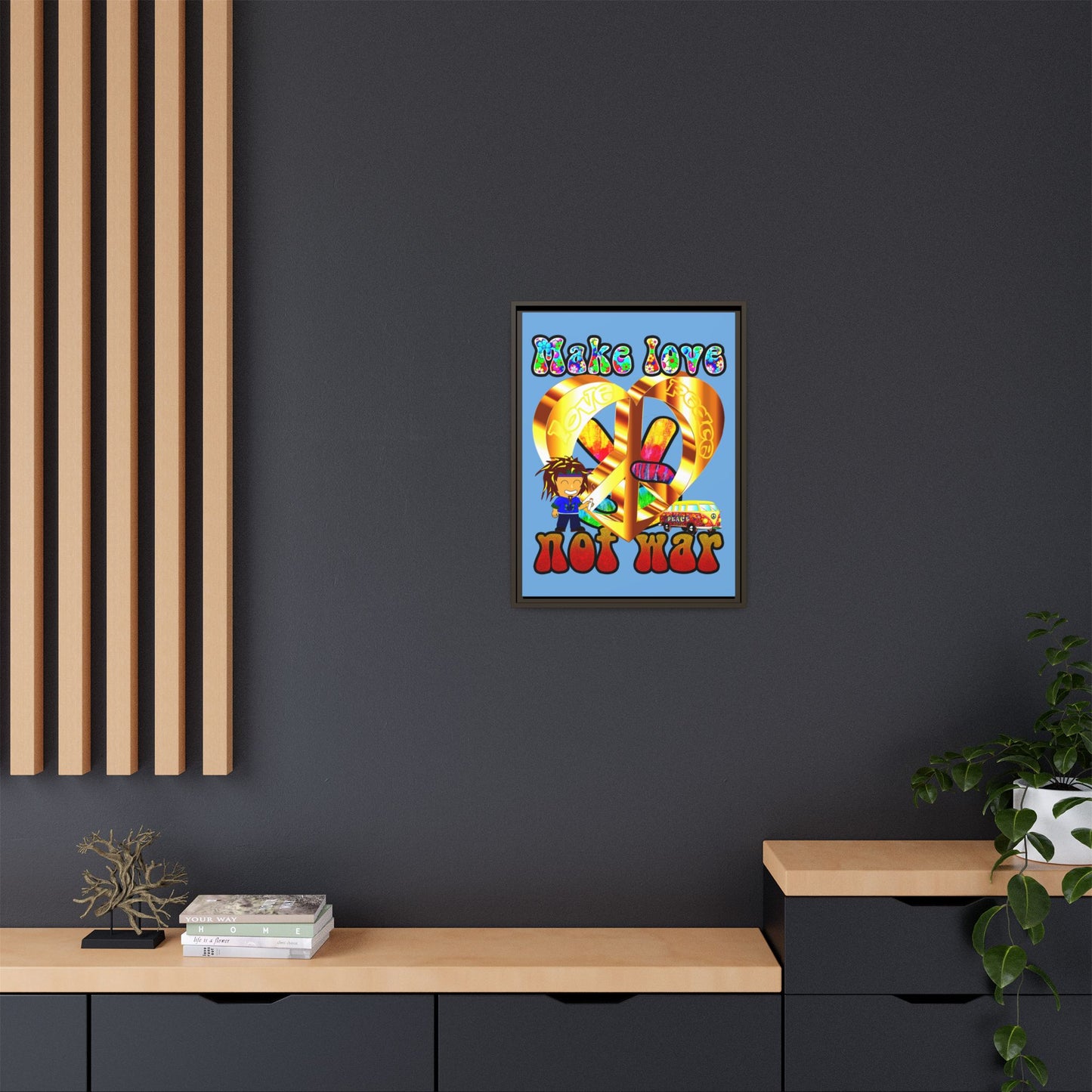 love peace - framed canvas art (light blue)