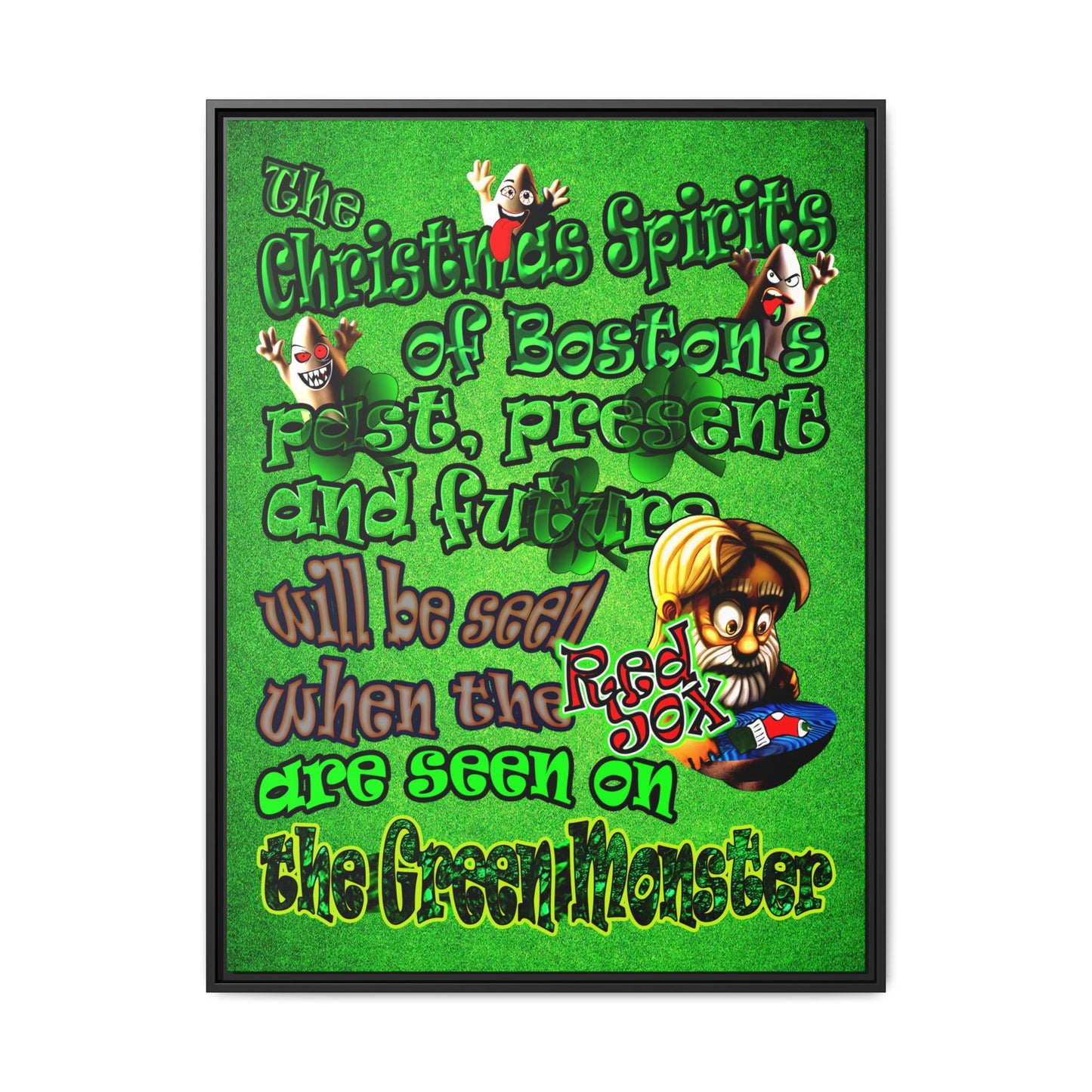 christmas spirits of boston - framed canvas art (green turf)