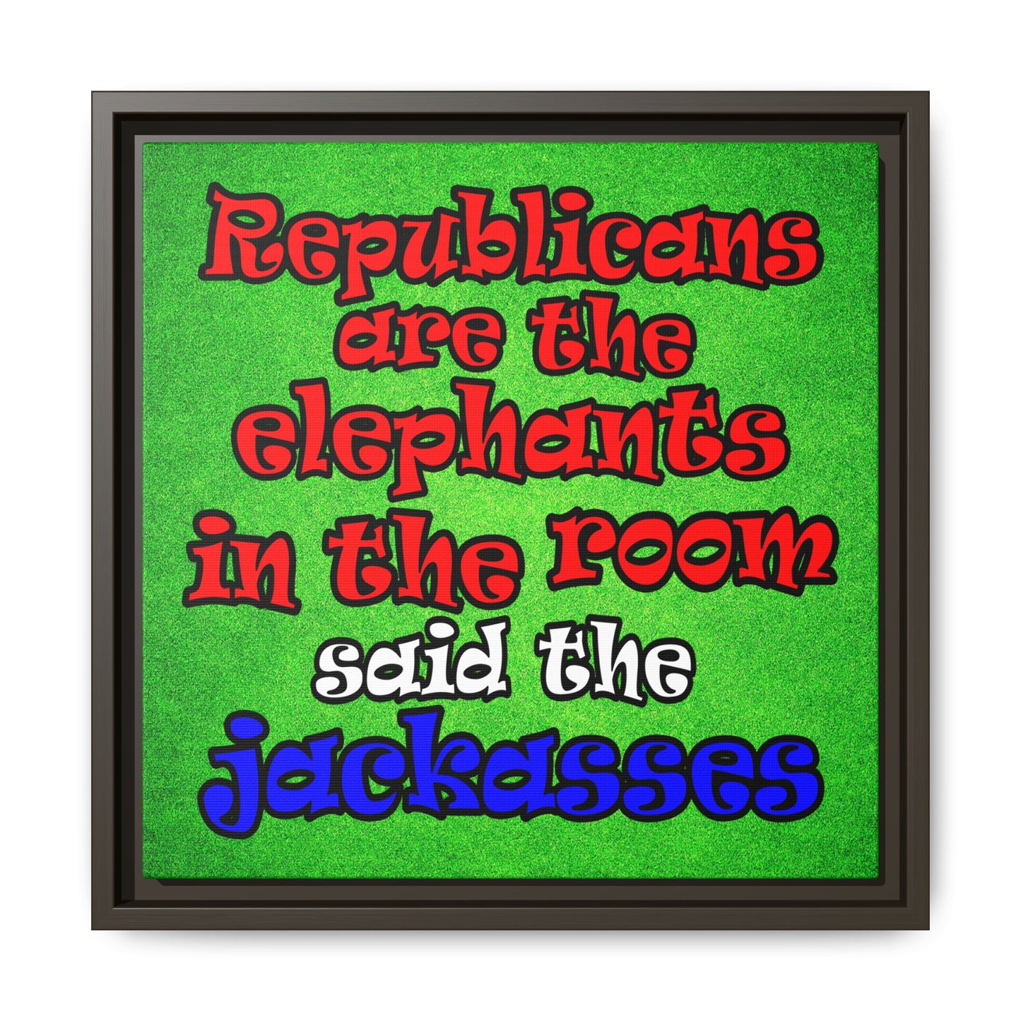 donkeys and elephants - framed canvas art (green turf)