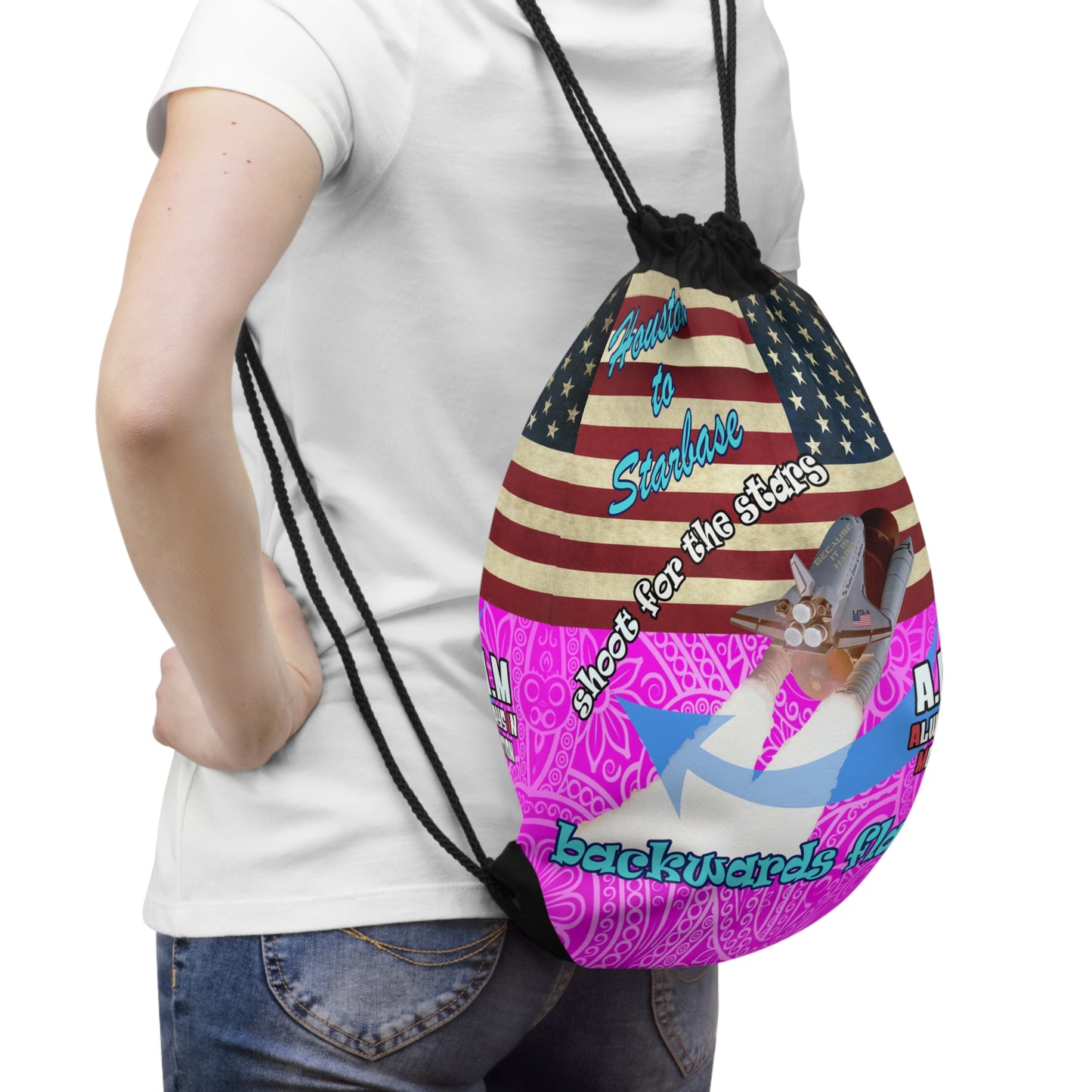 shoot for the stars - Drawstring Bag (pink swirl)