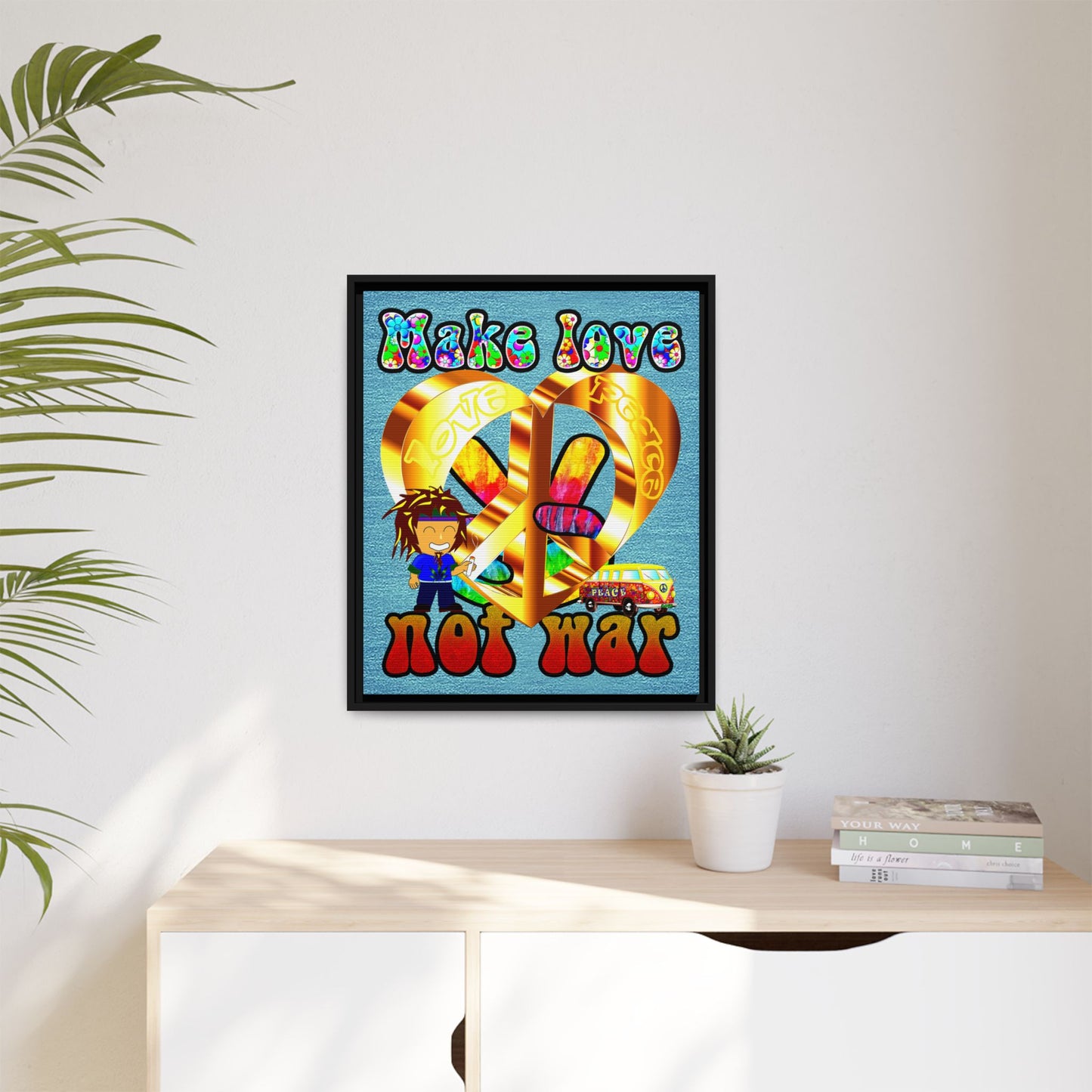 love peace - framed canvas art (faded blue)