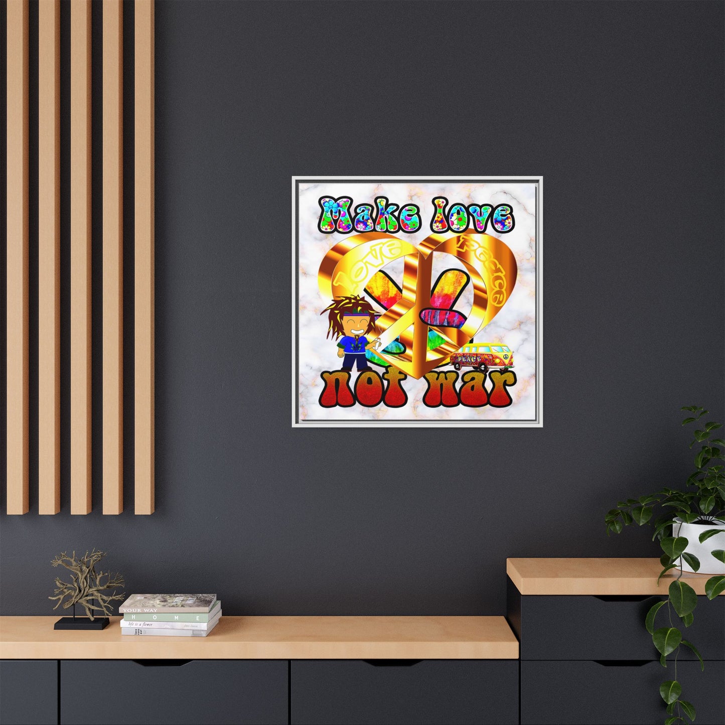 love peace - framed canvas art (white marble)