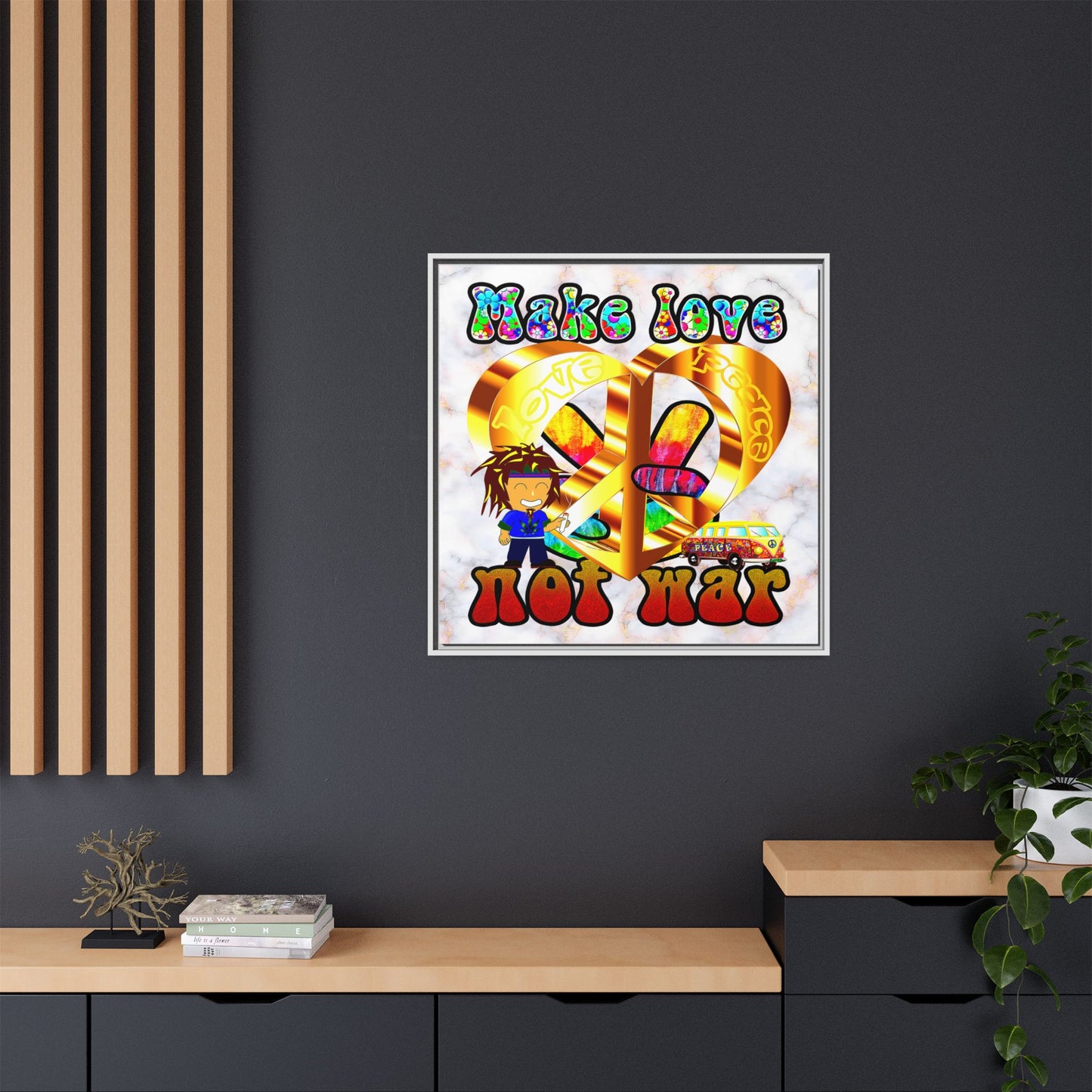 love peace - framed canvas art (white marble)