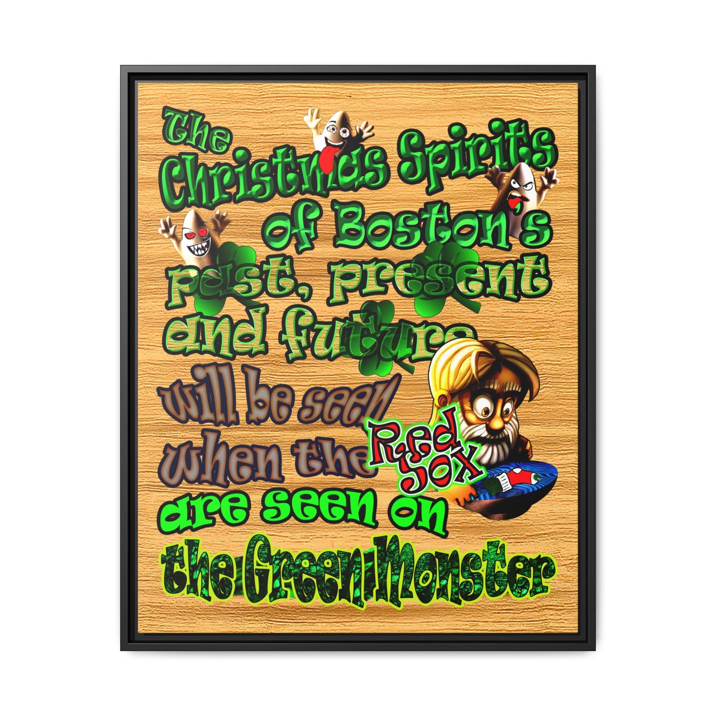 christmas spirits of boston - framed canvas art (butterscotch wood finish)