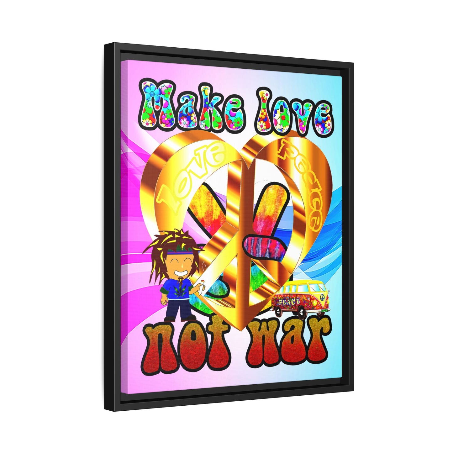 love peace - framed canvas art (light blue-pink wave)