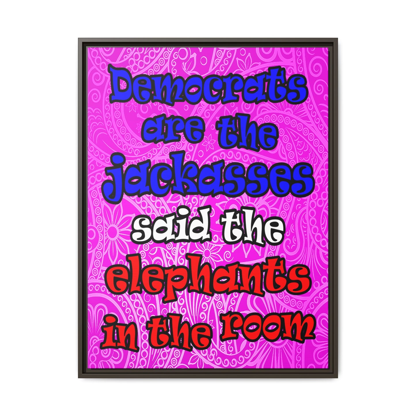 donkeys and elephants - framed canvas art (pink swirl)