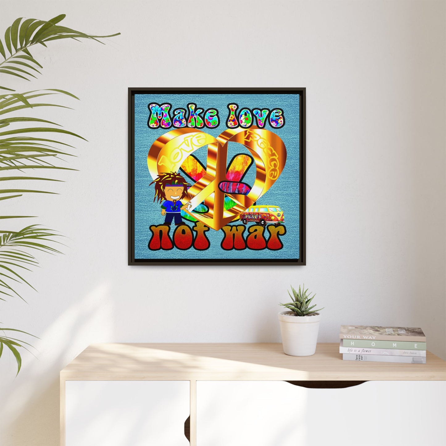 love peace - framed canvas art (faded blue)