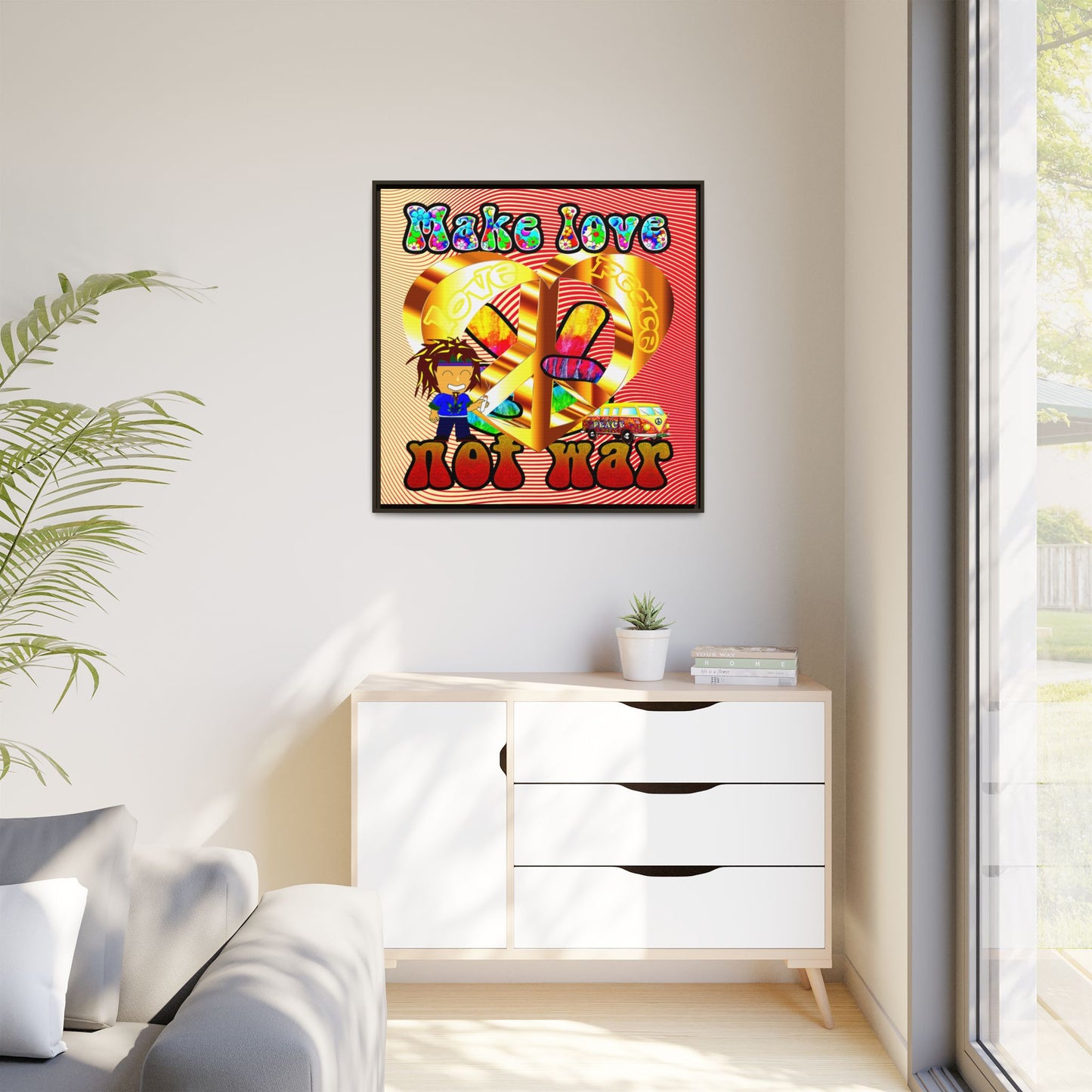 love peace - framed canvas art (yellow-orange wave)