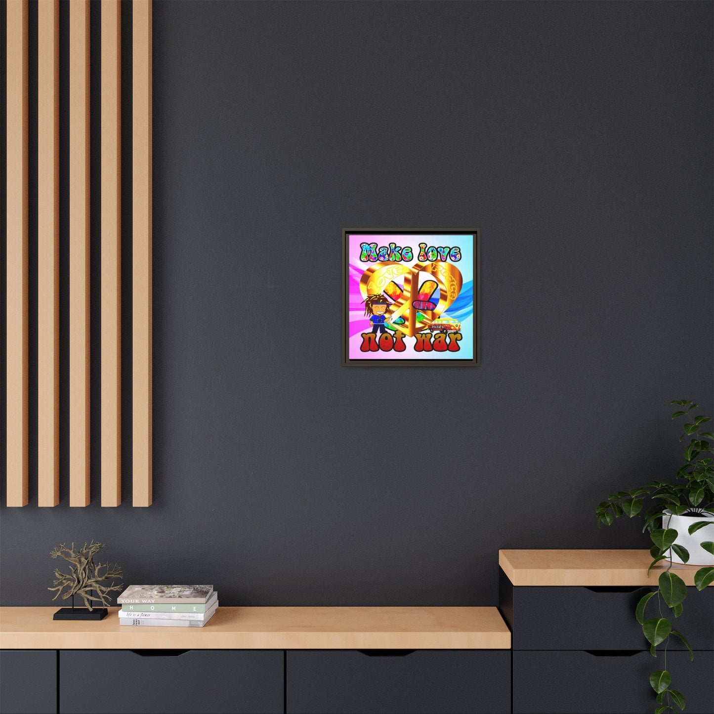 love peace - framed canvas art (light blue-pink wave)