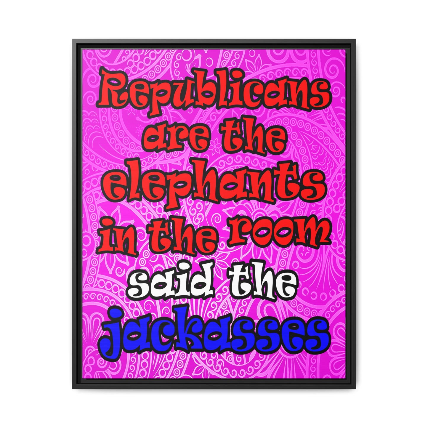 donkeys and elephants - framed canvas art (pink swirl)