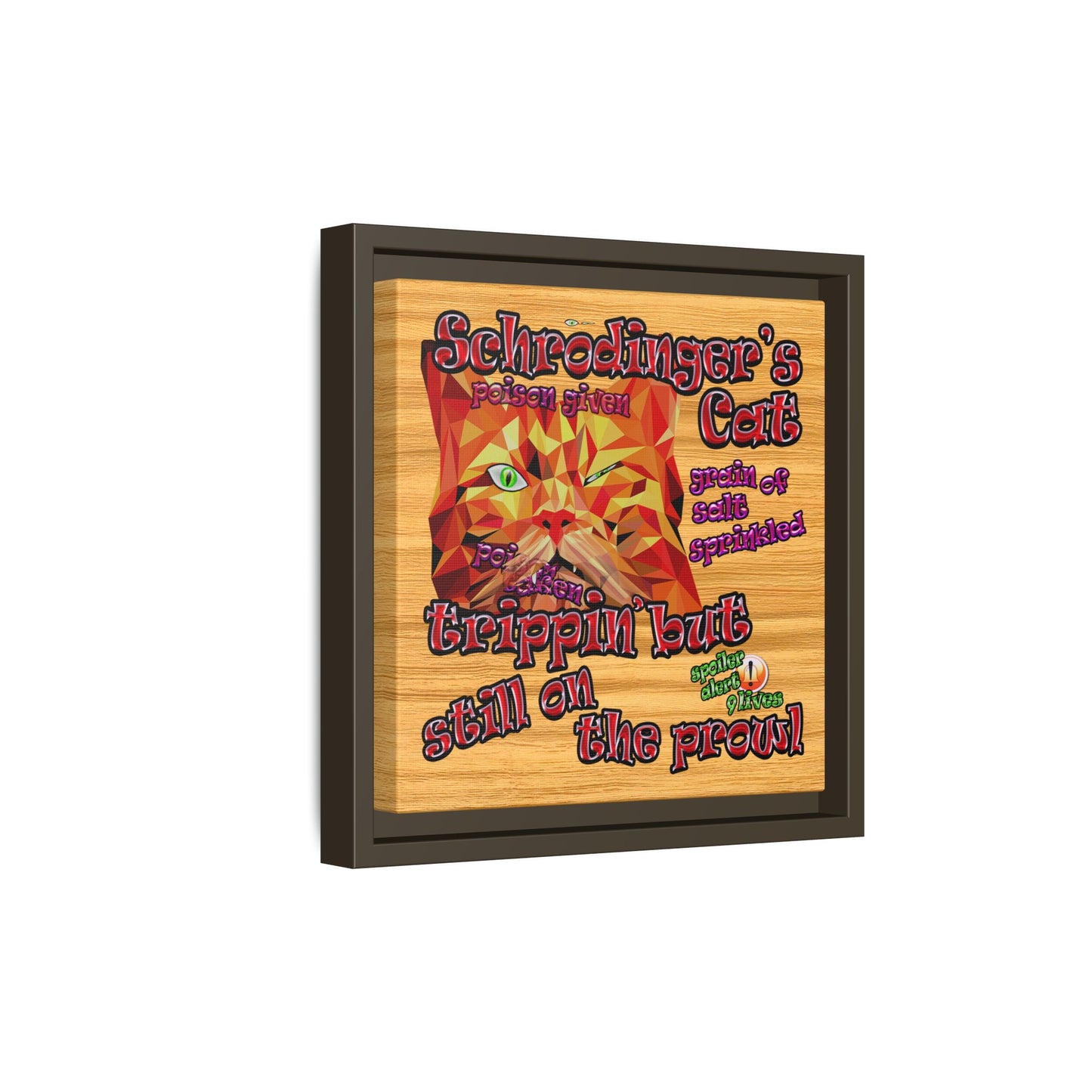 schrodinger's cat - framed canvas art (butterscotch wood finish)