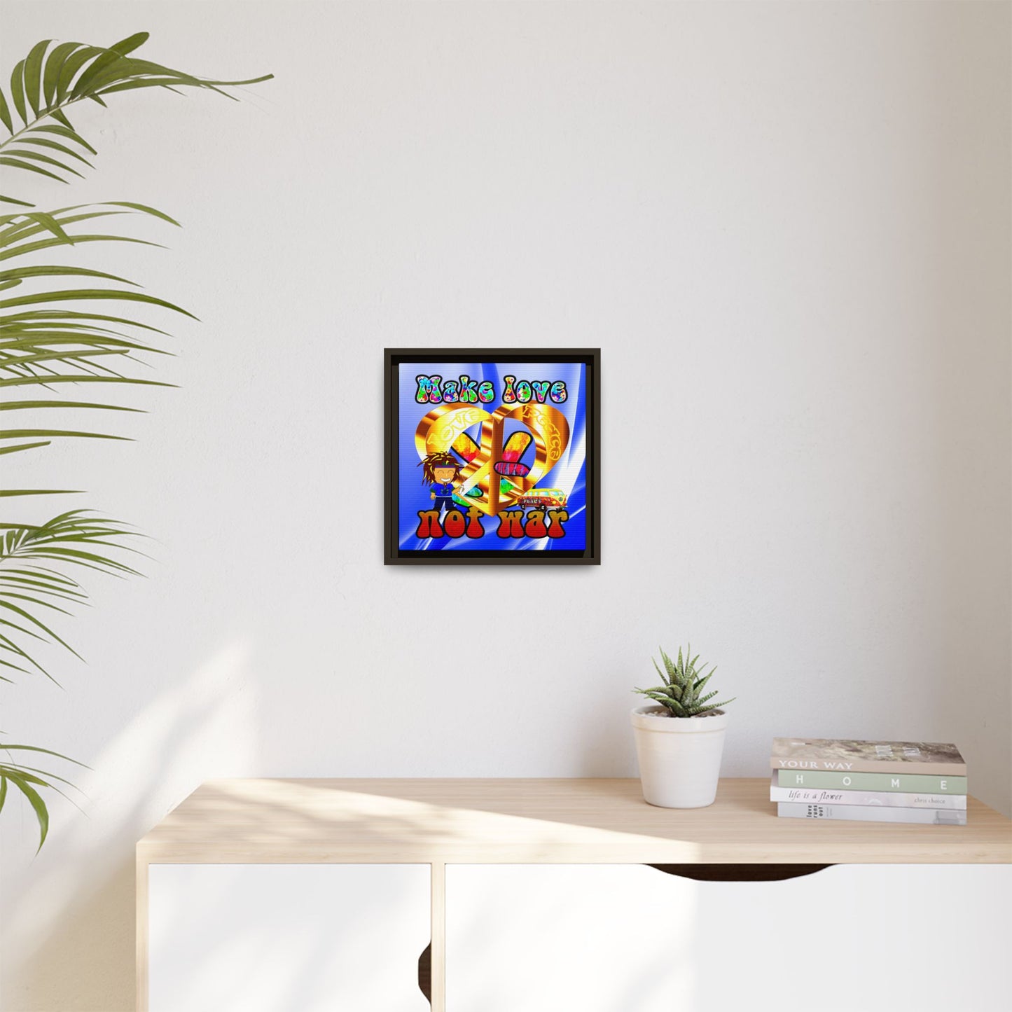 love peace - framed canvas art (blue-white wave)