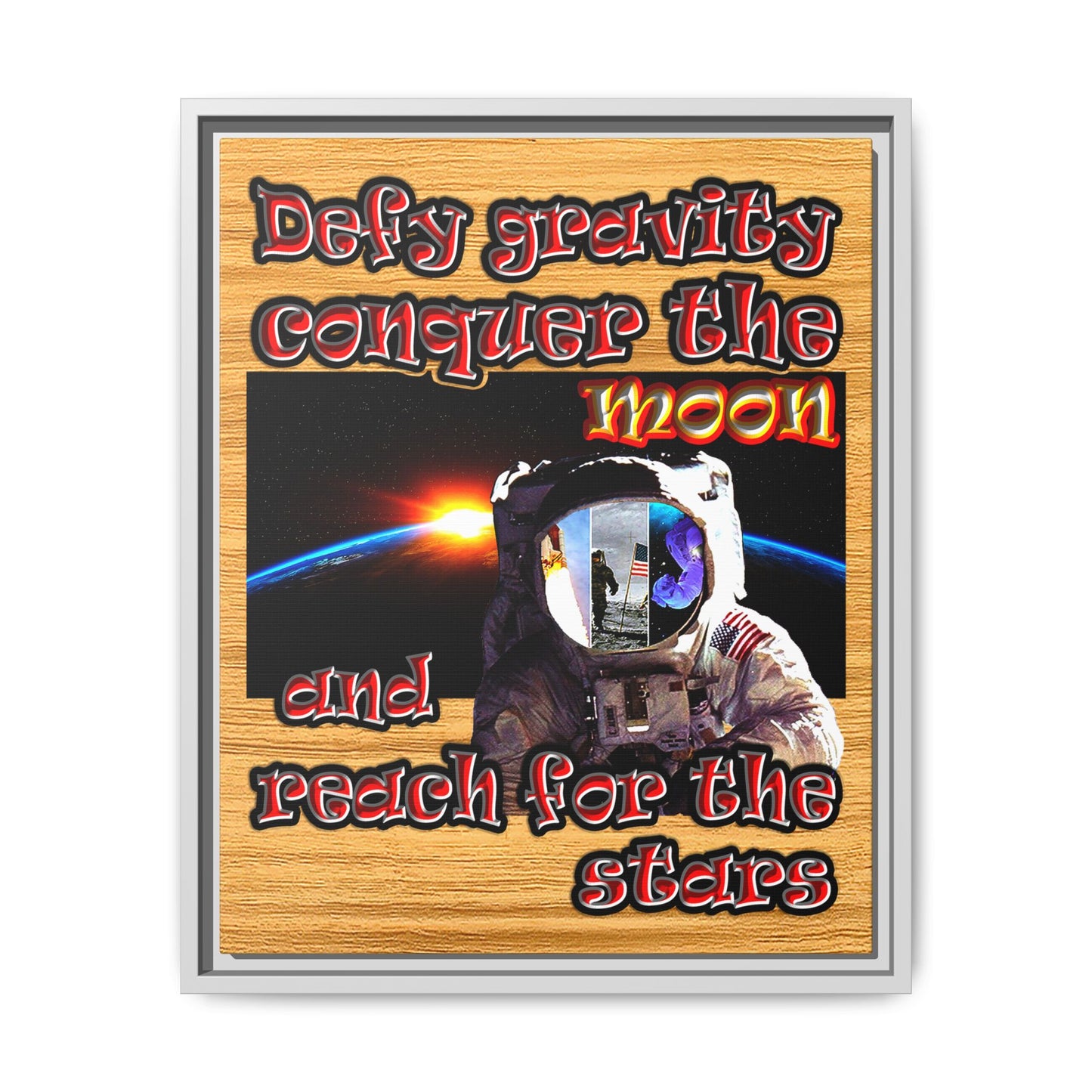defy conquer reach - framed canvas art (butterscotch wood finish)