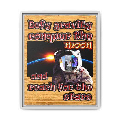 defy conquer reach - framed canvas art (butterscotch wood finish)