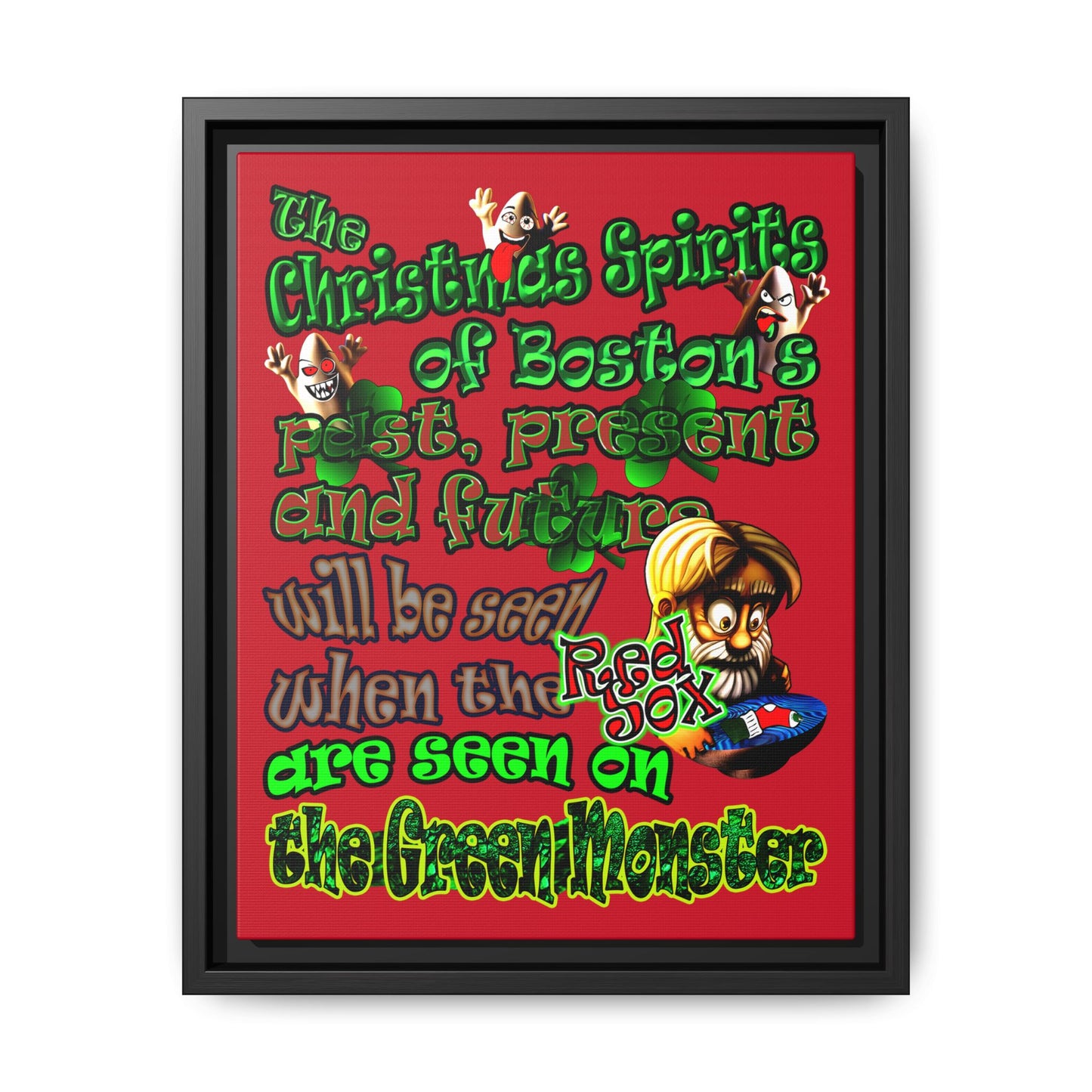 christmas spirits of boston - framed canvas art (dark red)