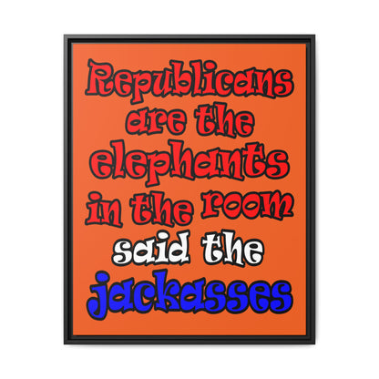 donkeys and elephants - framed canvas art (orange)