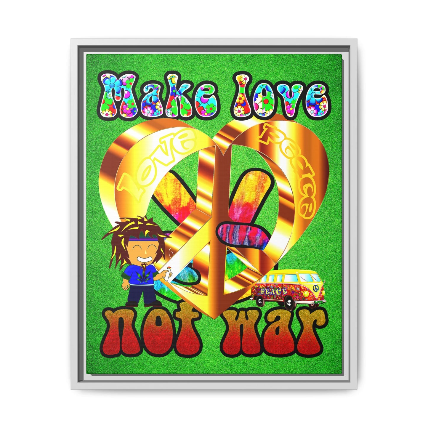 love peace - framed canvas art (green turf)
