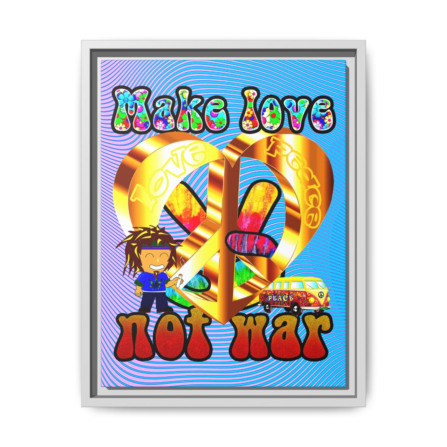 love peace - framed canvas art (light blue-purple wave)