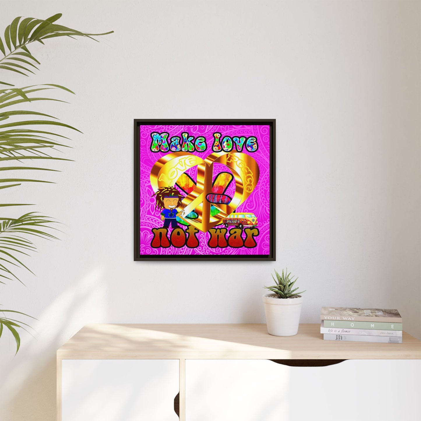 love peace - framed canvas art (pink swirl)