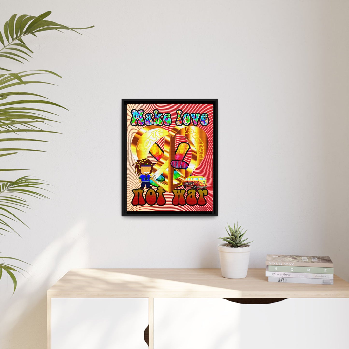 love peace - framed canvas art (yellow-orange wave)