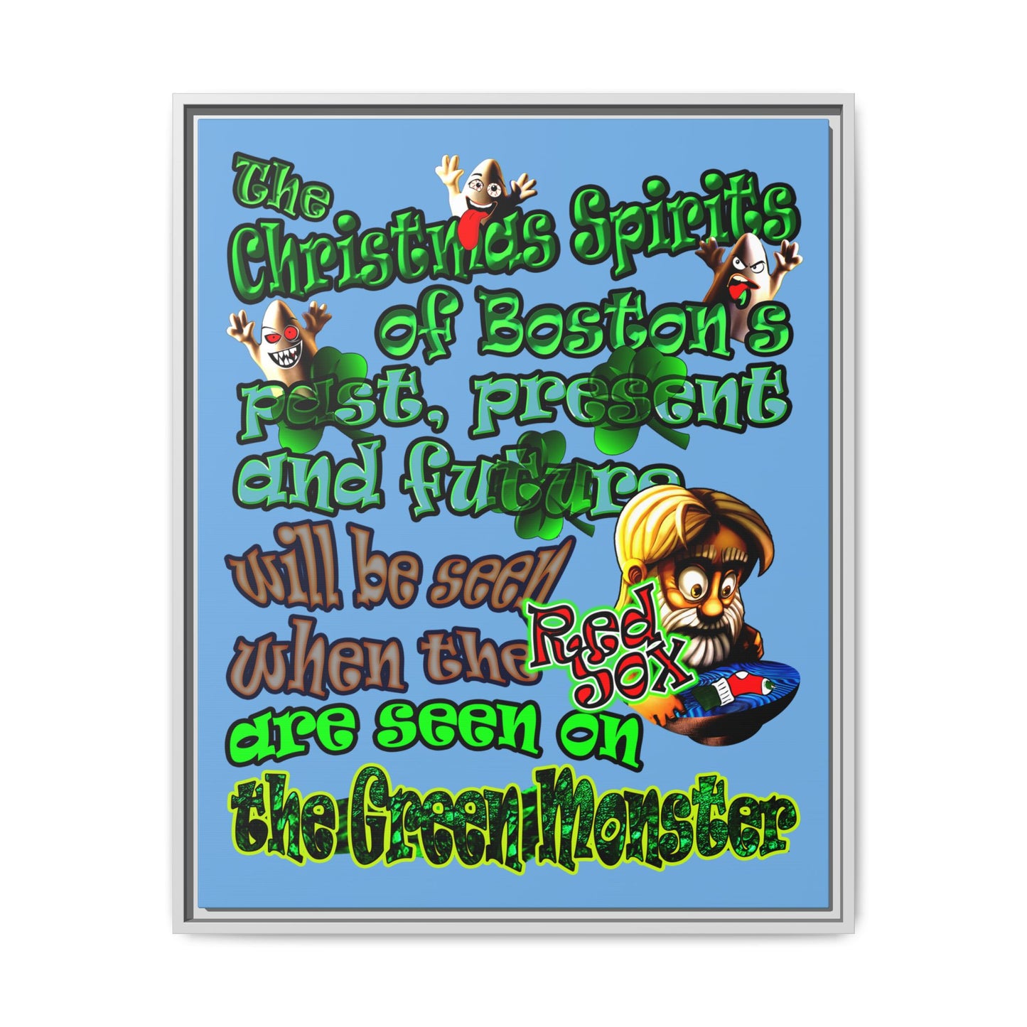 christmas spirits of boston - framed canvas art (light blue)