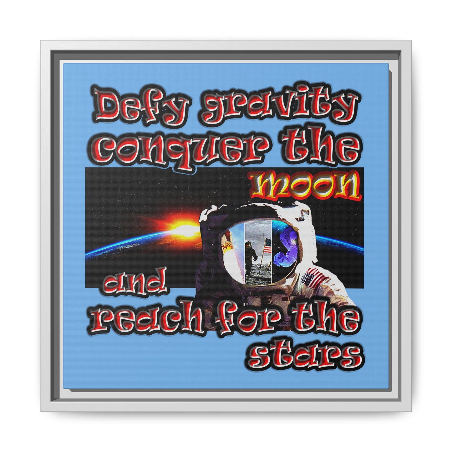 defy conquer reach - framed canvas art (light blue)