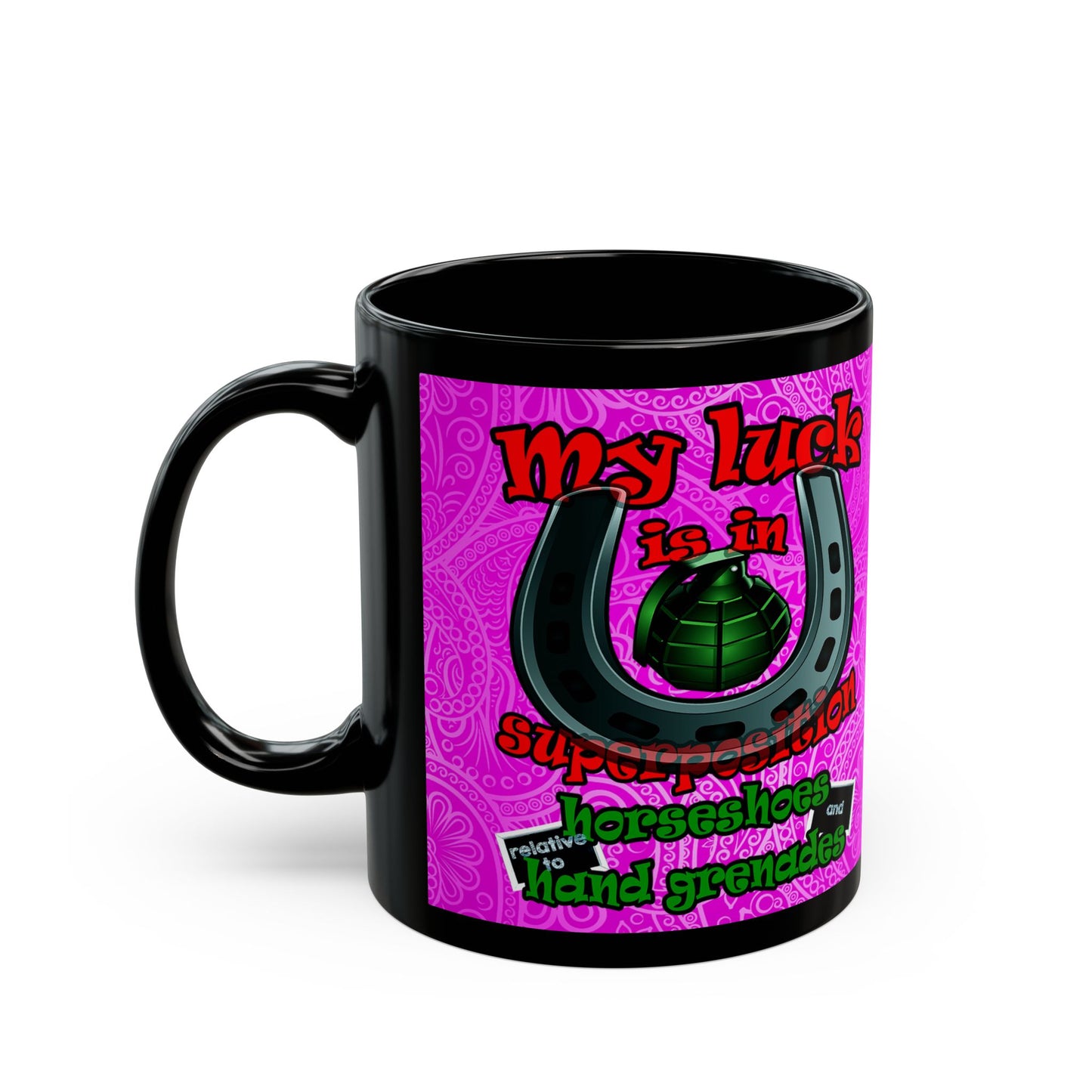 my luck - Black Mug (pink swirl)