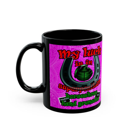 my luck - Black Mug (pink swirl)