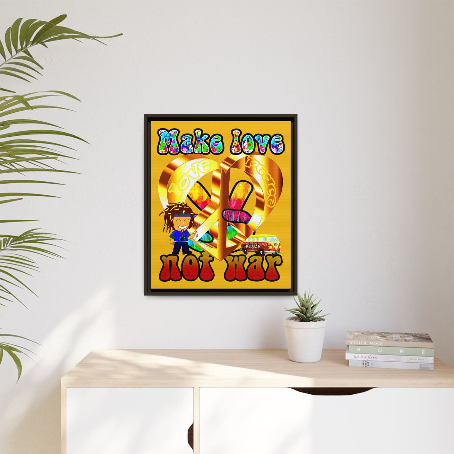 love peace - framed canvas art (yellow)