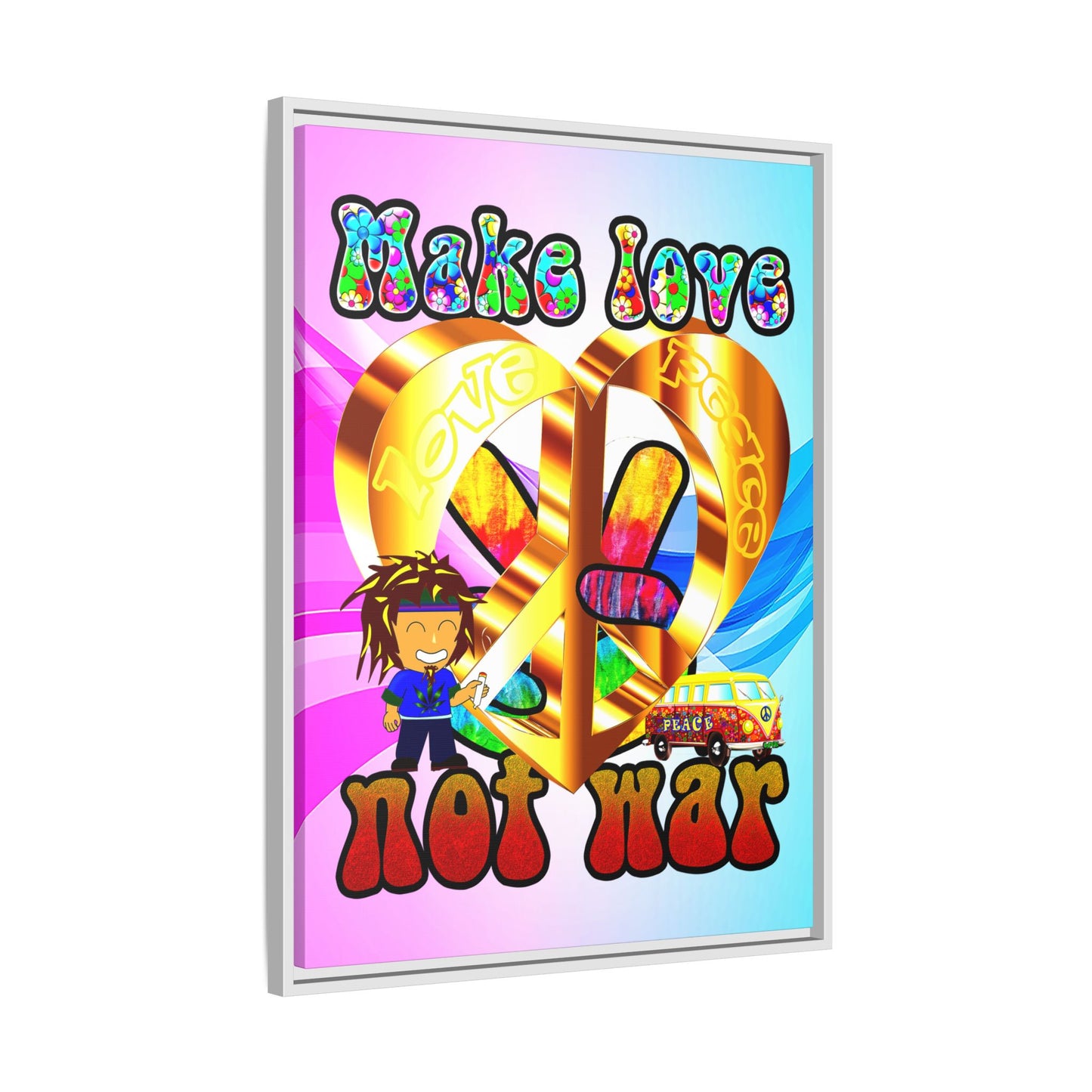 love peace - framed canvas art (light blue-pink wave)