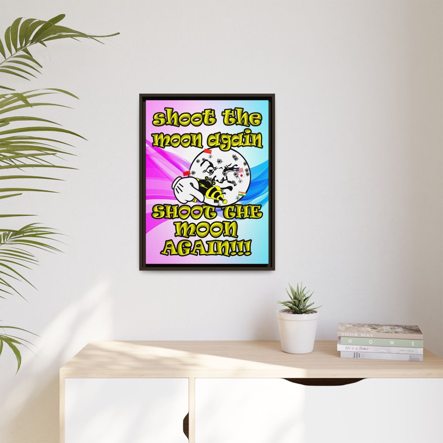 shoot the moon again - framed canvas art (light blue-pink wave)