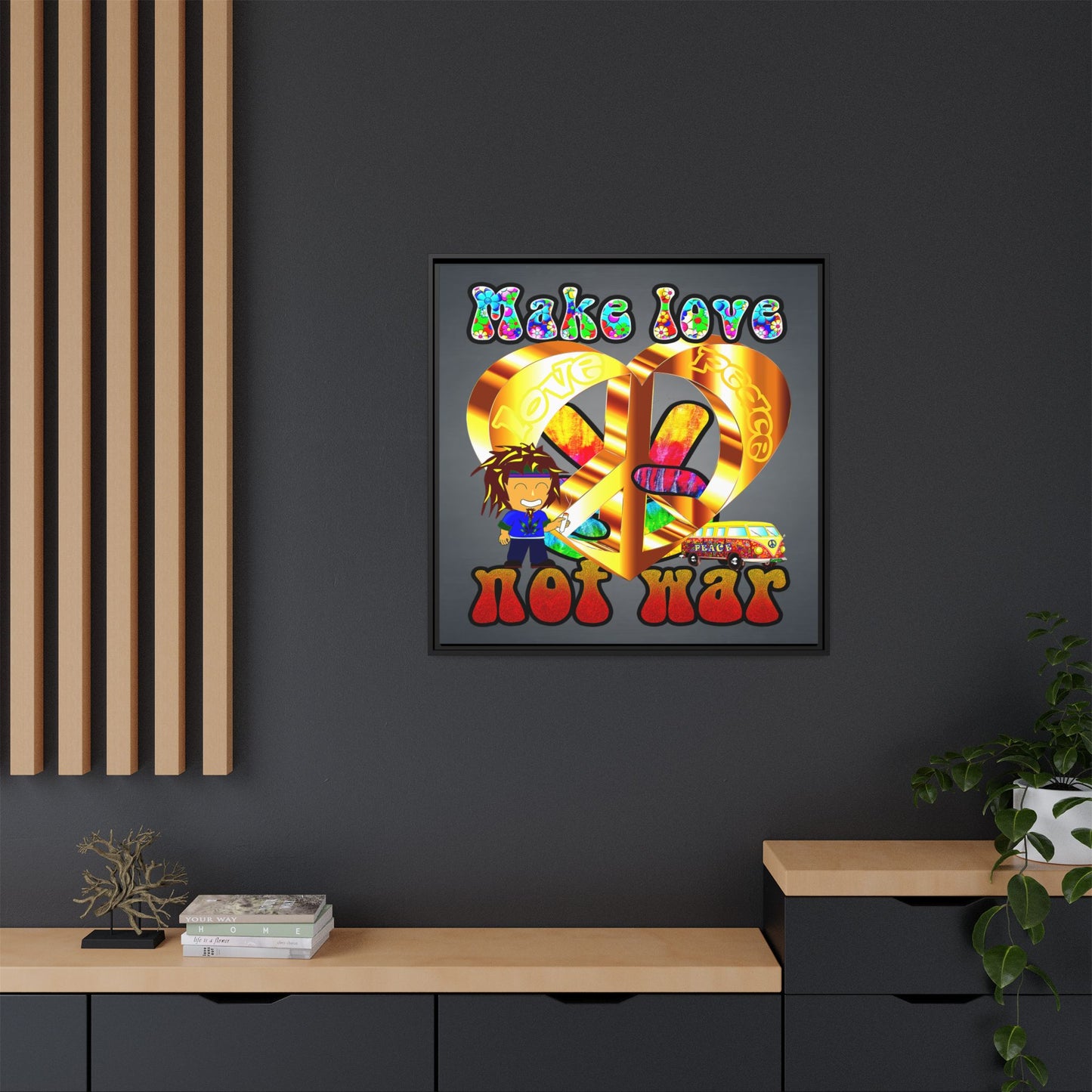 love peace - framed canvas art (grey-light grey)