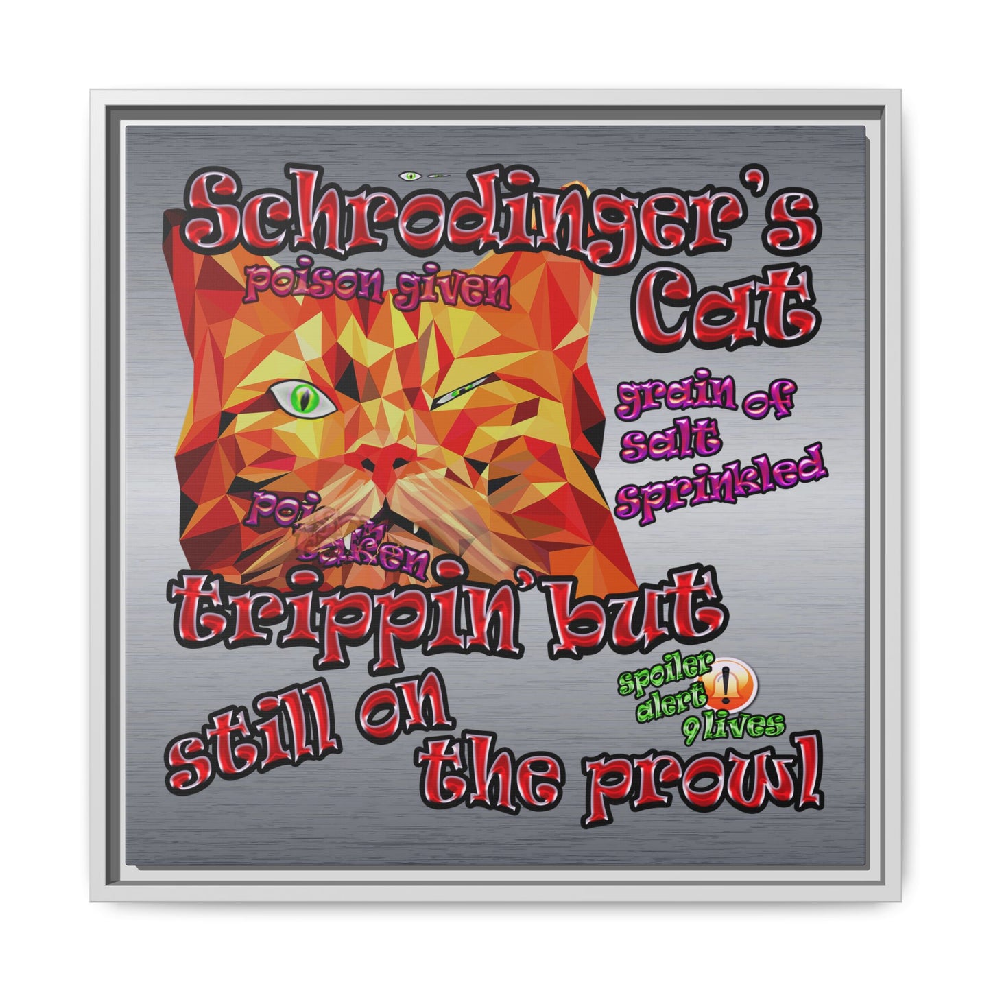 schrodinger's cat - framed canvas art (brushed nickel)