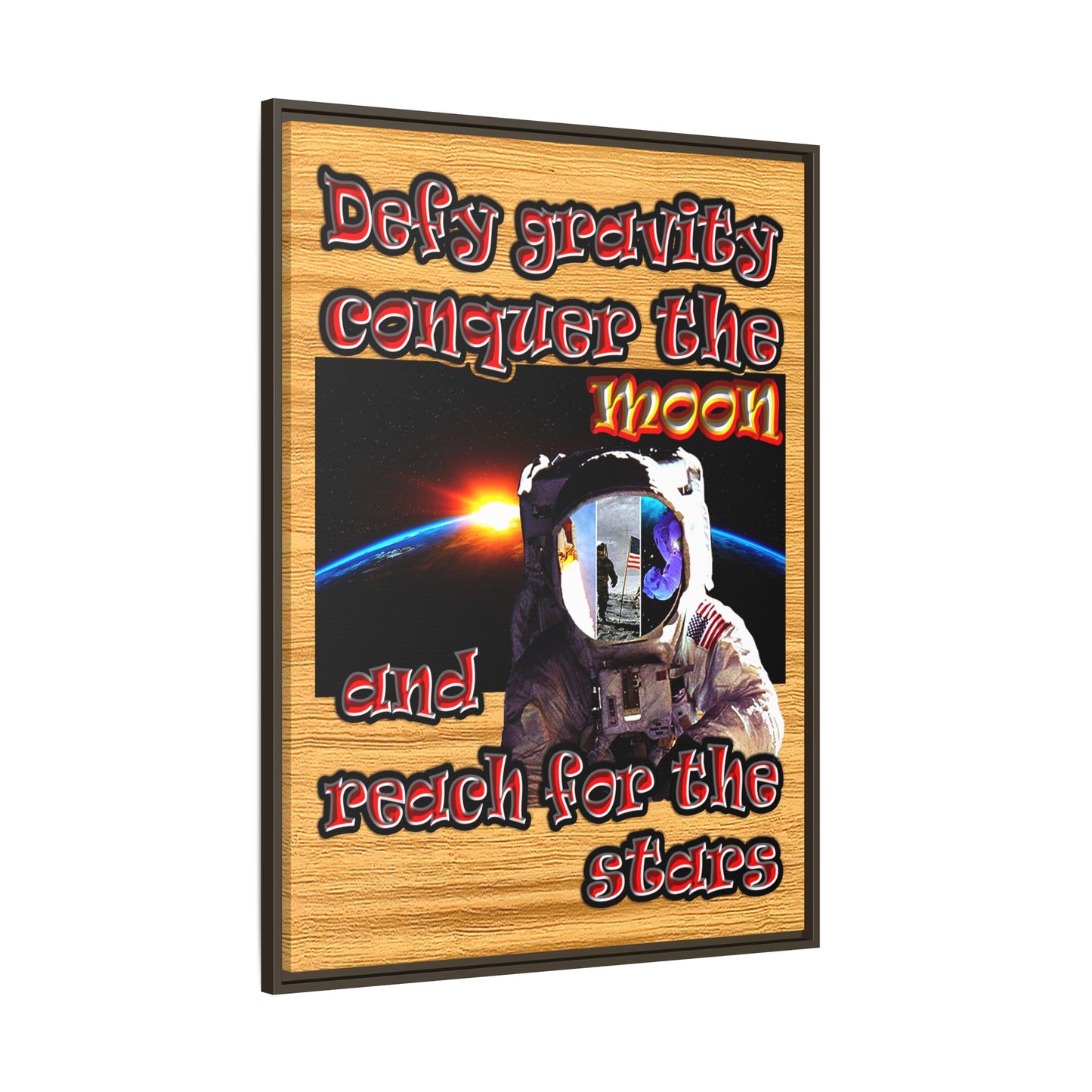 defy conquer reach - framed canvas art (butterscotch wood finish)