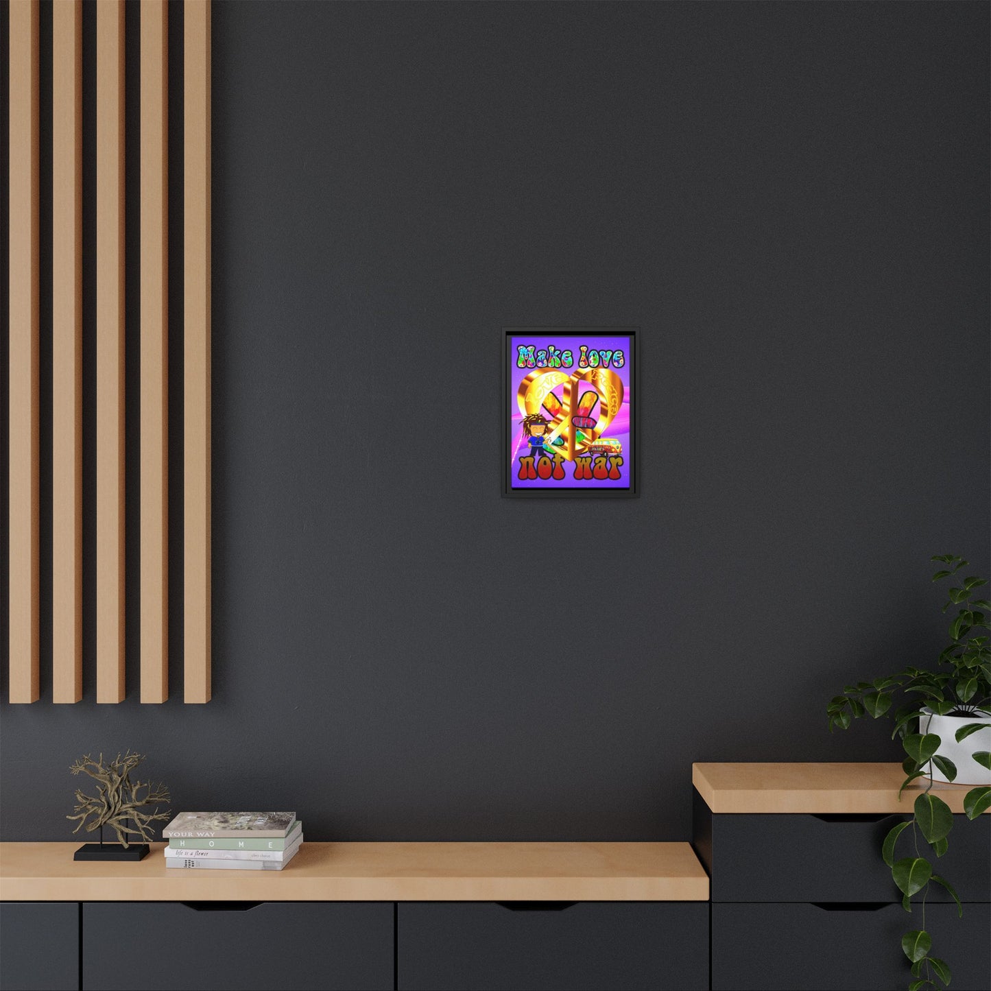love peace - framed canvas art (purple-pink wave)