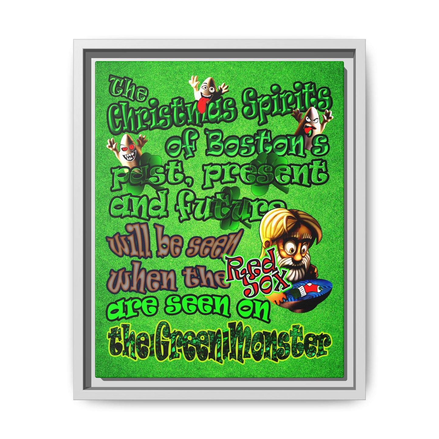 christmas spirits of boston - framed canvas art (green turf)