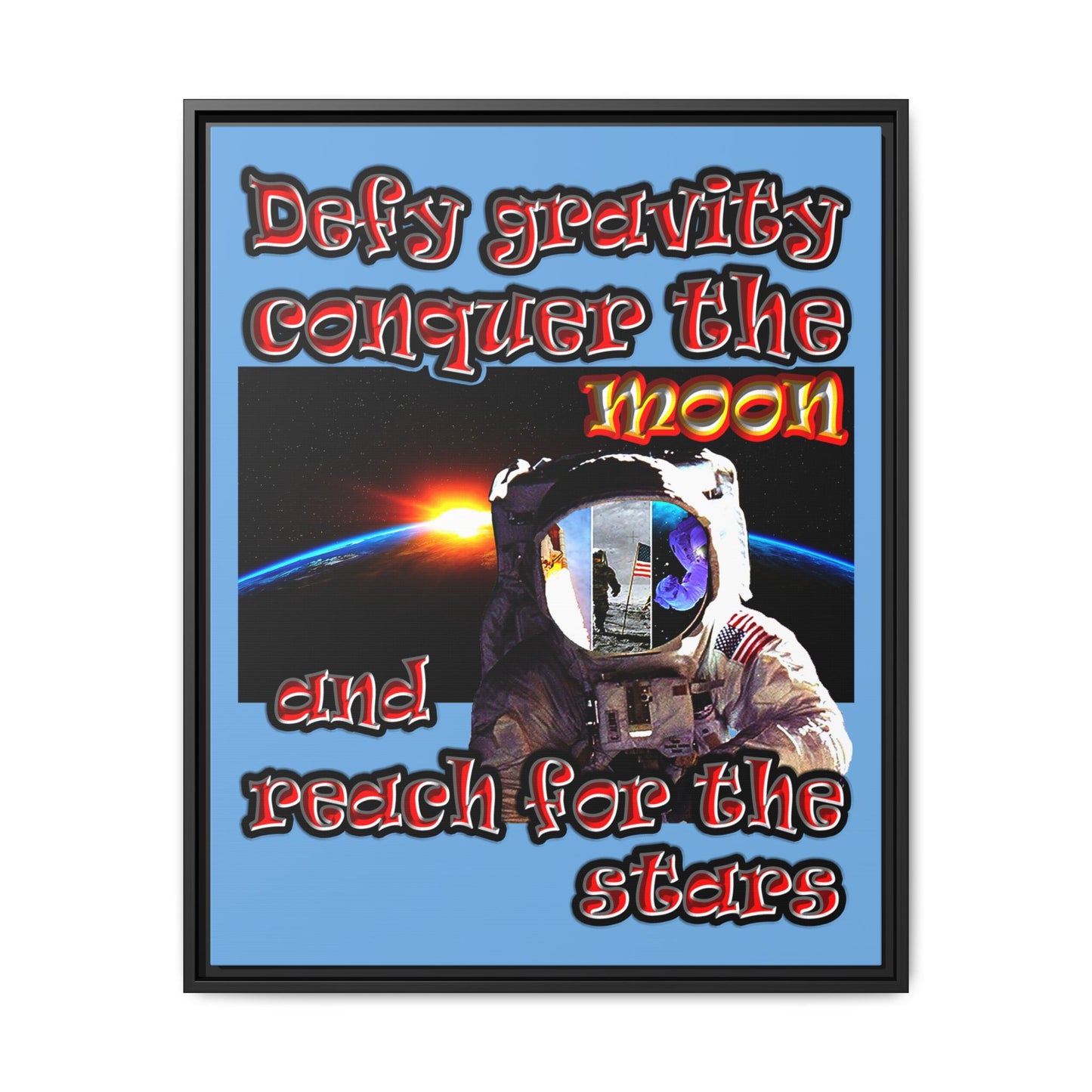 defy conquer reach - framed canvas art (light blue)