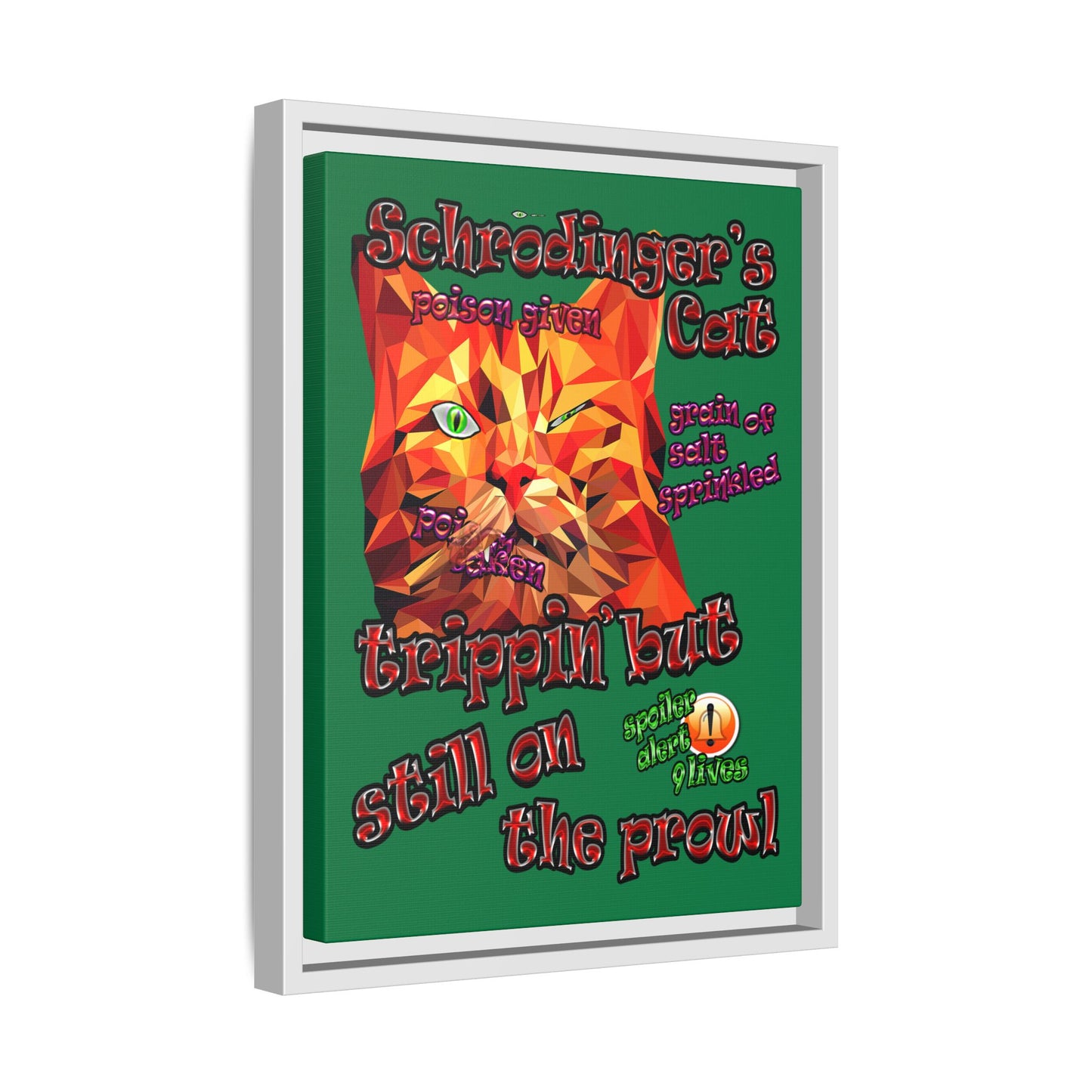 schrodinger's cat - framed canvas art (dark green)