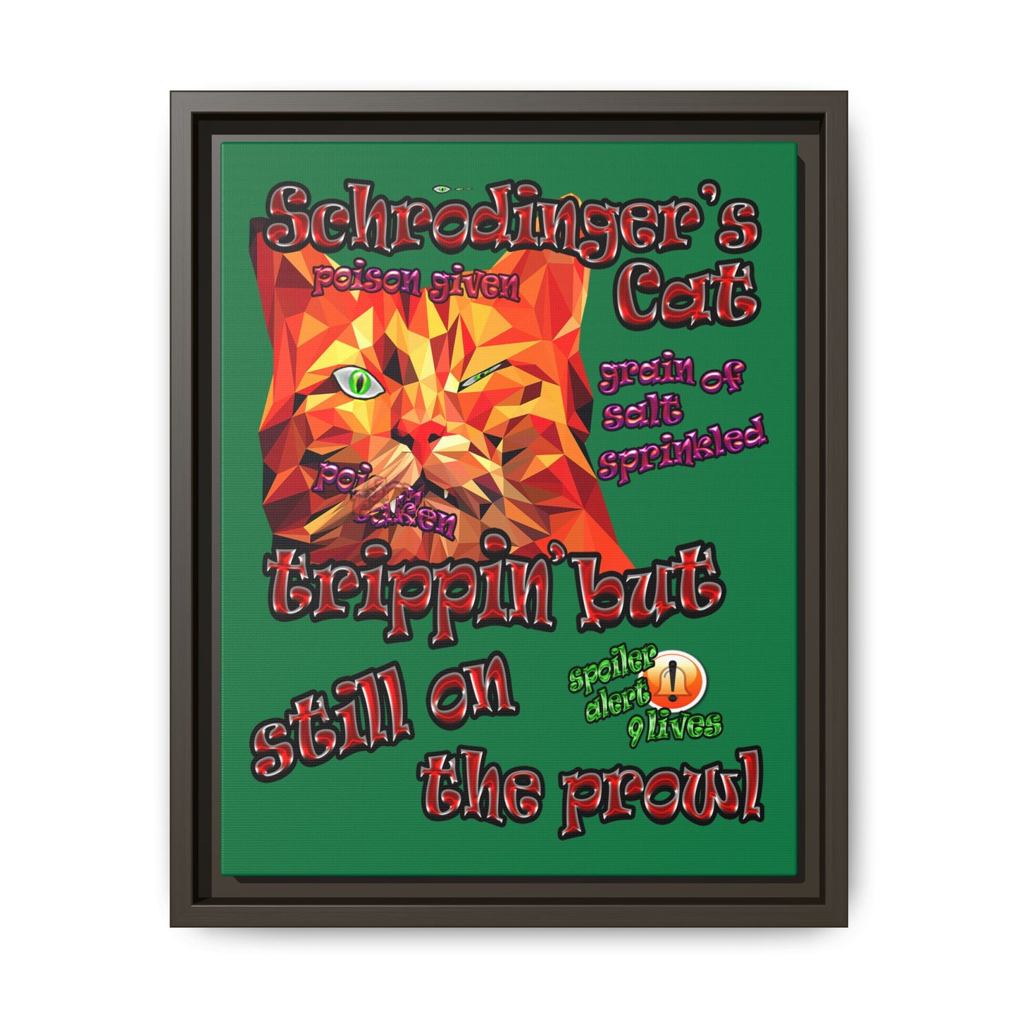 schrodinger's cat - framed canvas art (dark green)