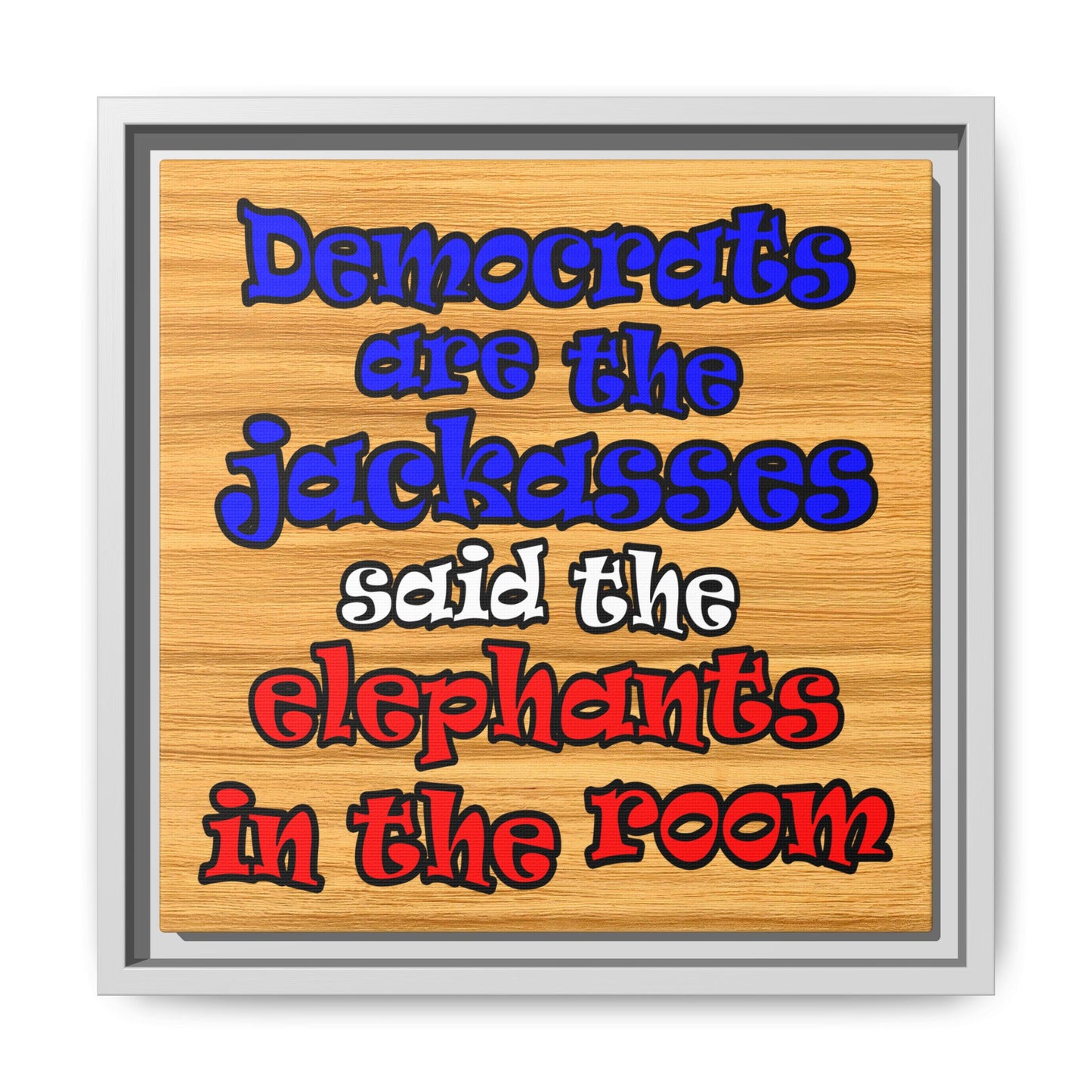 donkeys and elephants - framed canvas art (butterscotch wood finish)