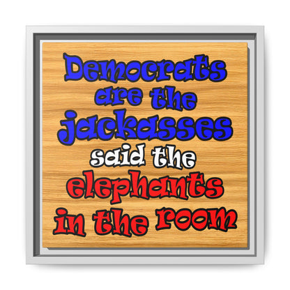 donkeys and elephants - framed canvas art (butterscotch wood finish)