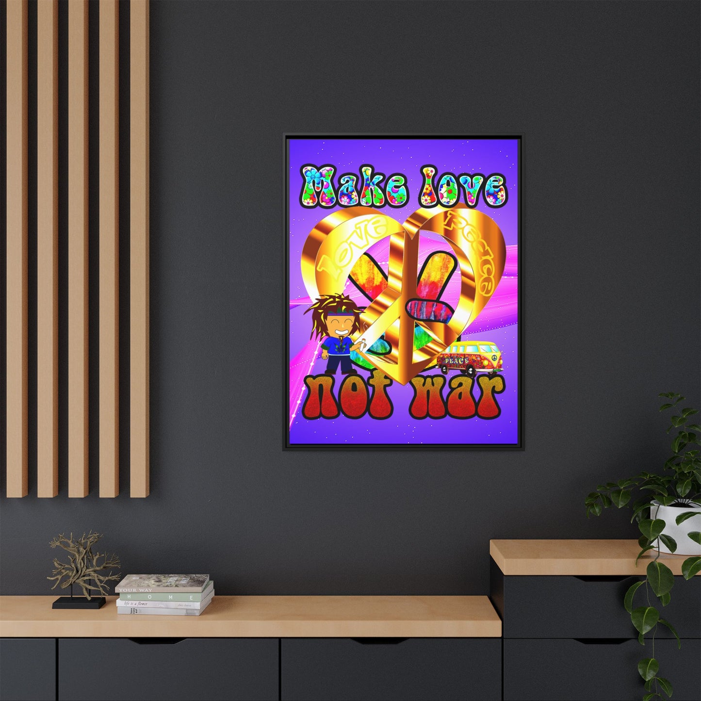 love peace - framed canvas art (purple-pink wave)