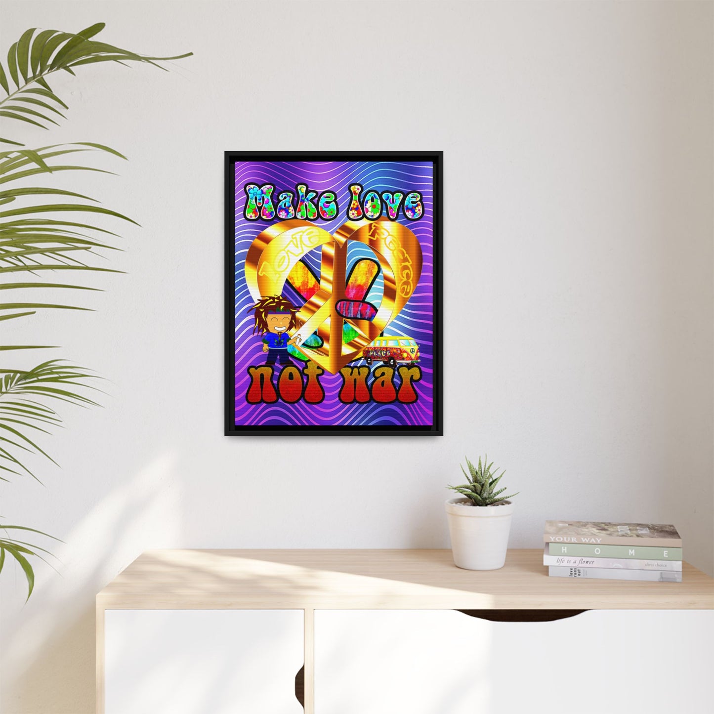 love peace - framed canvas art (purple wave)