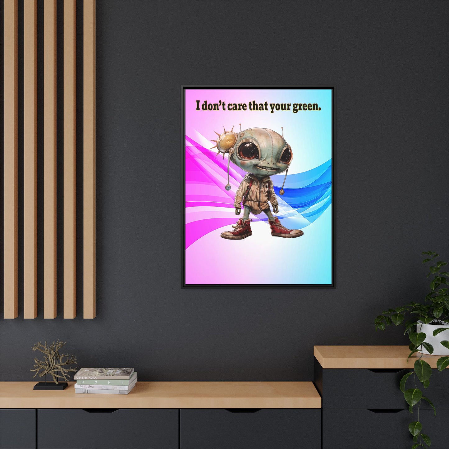 I don't care that your green - framed canvas art (light blue-pink wave)