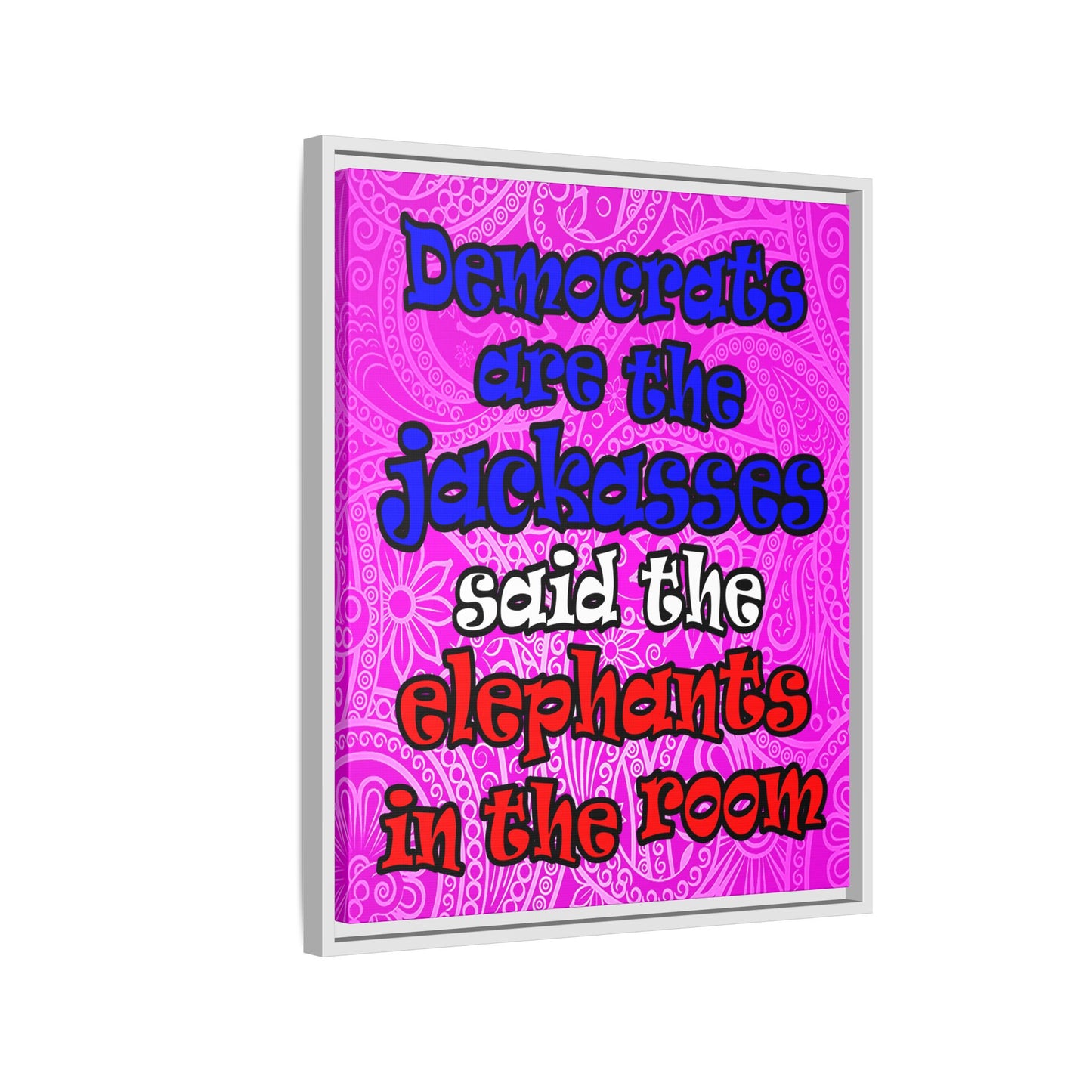 donkeys and elephants - framed canvas art (pink swirl)